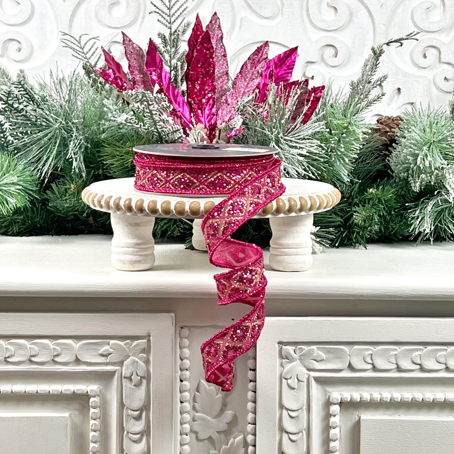 Farrisilk Hot Pink Marquise Diamond Ribbon - Glittered Designer Luxury Ribbon for Stunning Holiday Home Décor