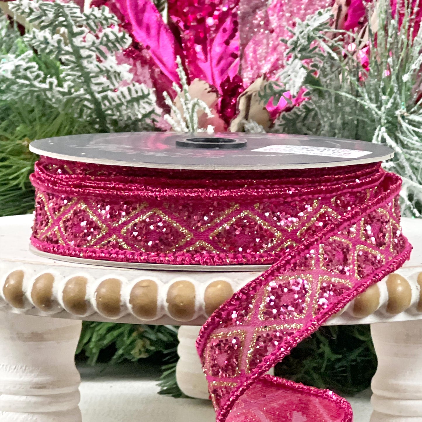 Farrisilk Hot Pink Marquise Diamond Ribbon - Glittered Designer Luxury Ribbon for Stunning Holiday Home Décor