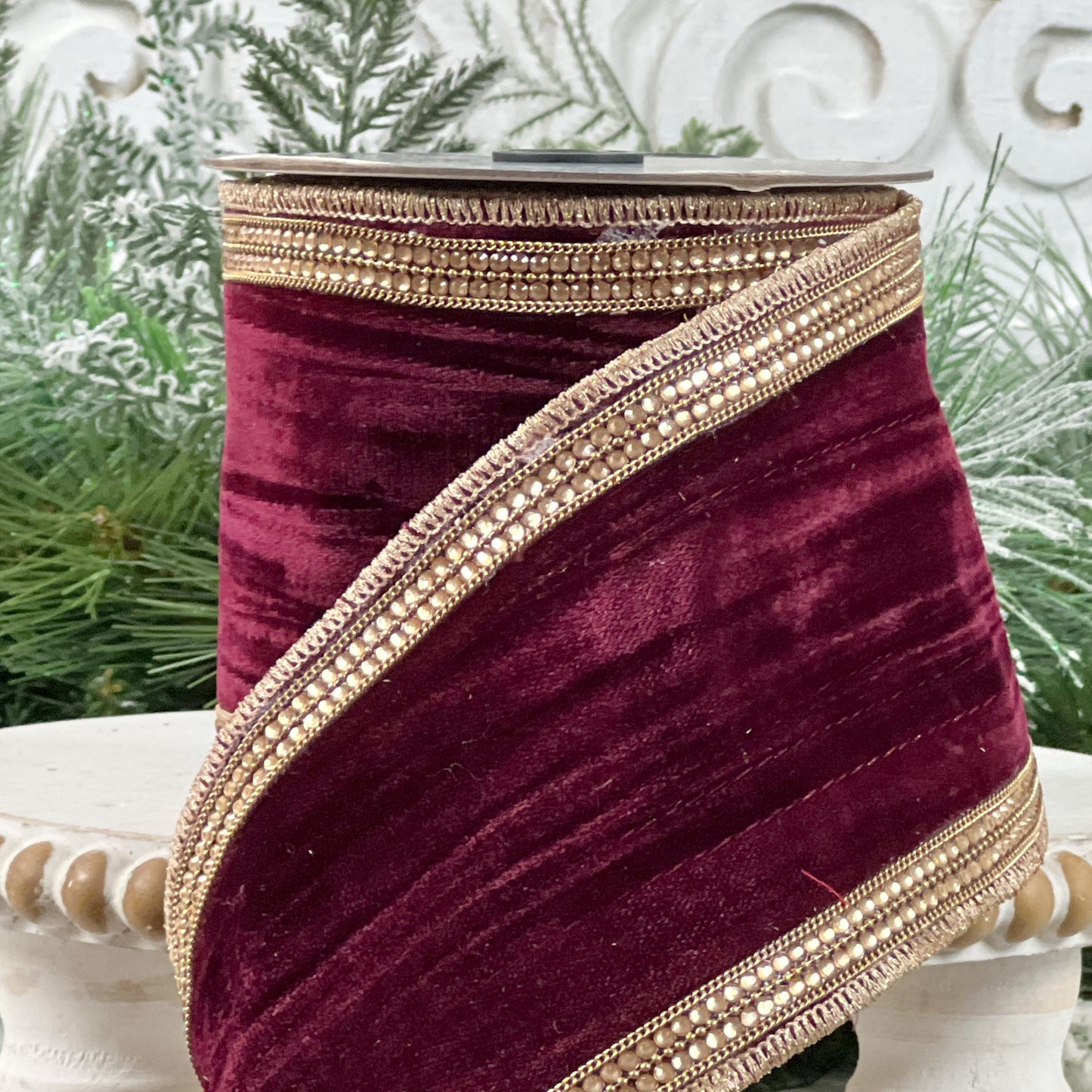 Farrisilk Distressed Diamonds Velvet Jeweled Ribbon - Burgundy: Luxury Designer Velvet Ribbon for Elegant Décor