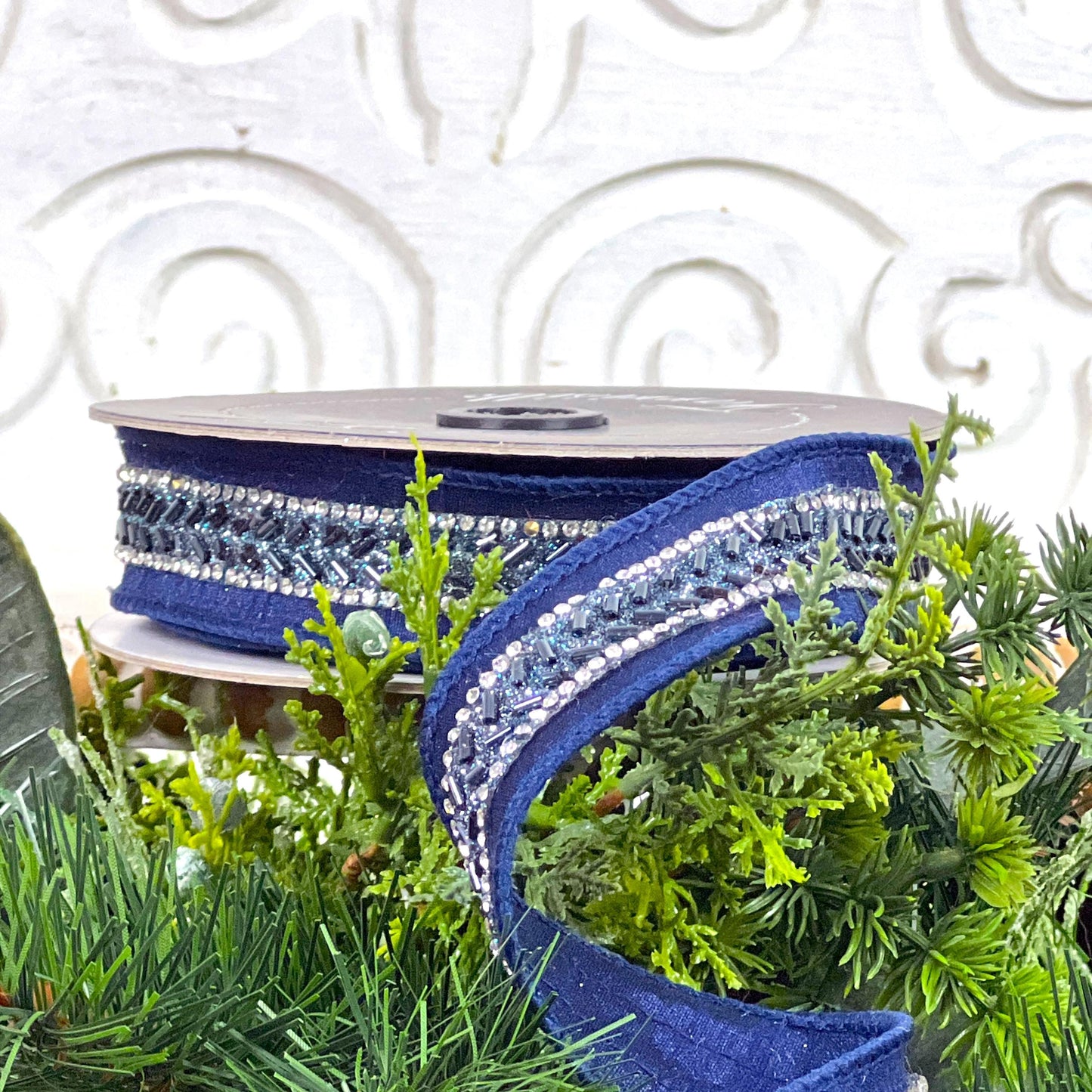 Navy Blue Jeweled Ribbon, 1" Jeweled Blue Ribbon, Wired Blue Ribbon, Farrisilk Ribbon,  Blue Wedding Decor, Blue Christmas Ribbon