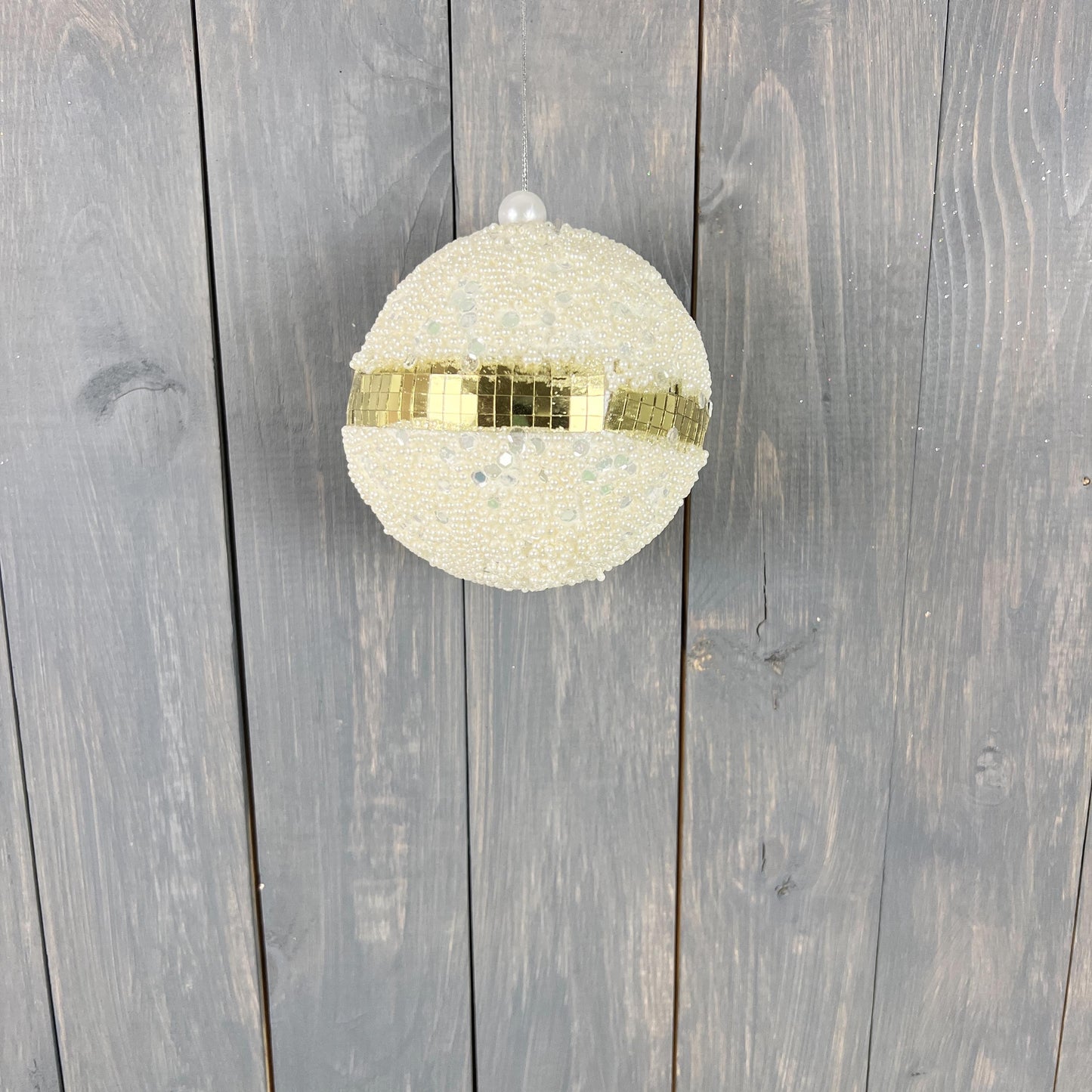 Shimmering Sequin Disco Stripe Christmas Ornament - Gold and White Retro Design