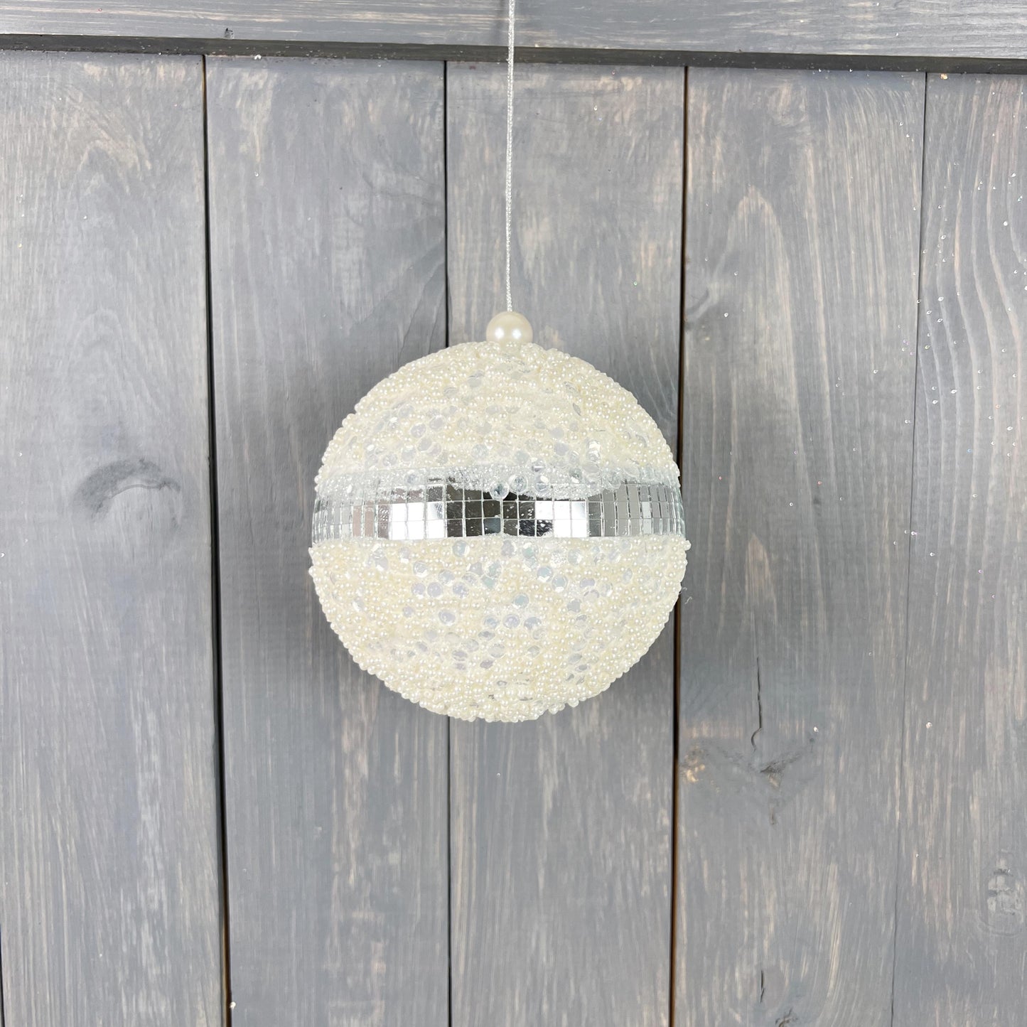 White Sequin Ornament with silver disco stripe, elegant retro vibe, shimmering, 2 sizes