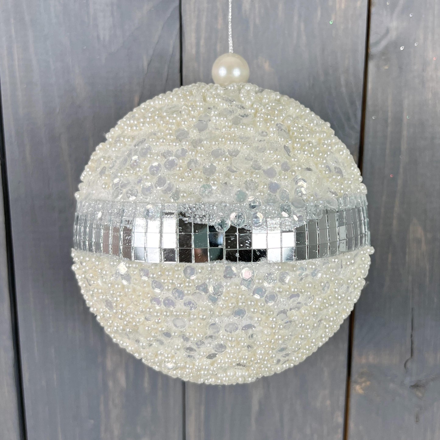 White Sequin Ornament with silver disco stripe, elegant retro vibe, shimmering, 2 sizes