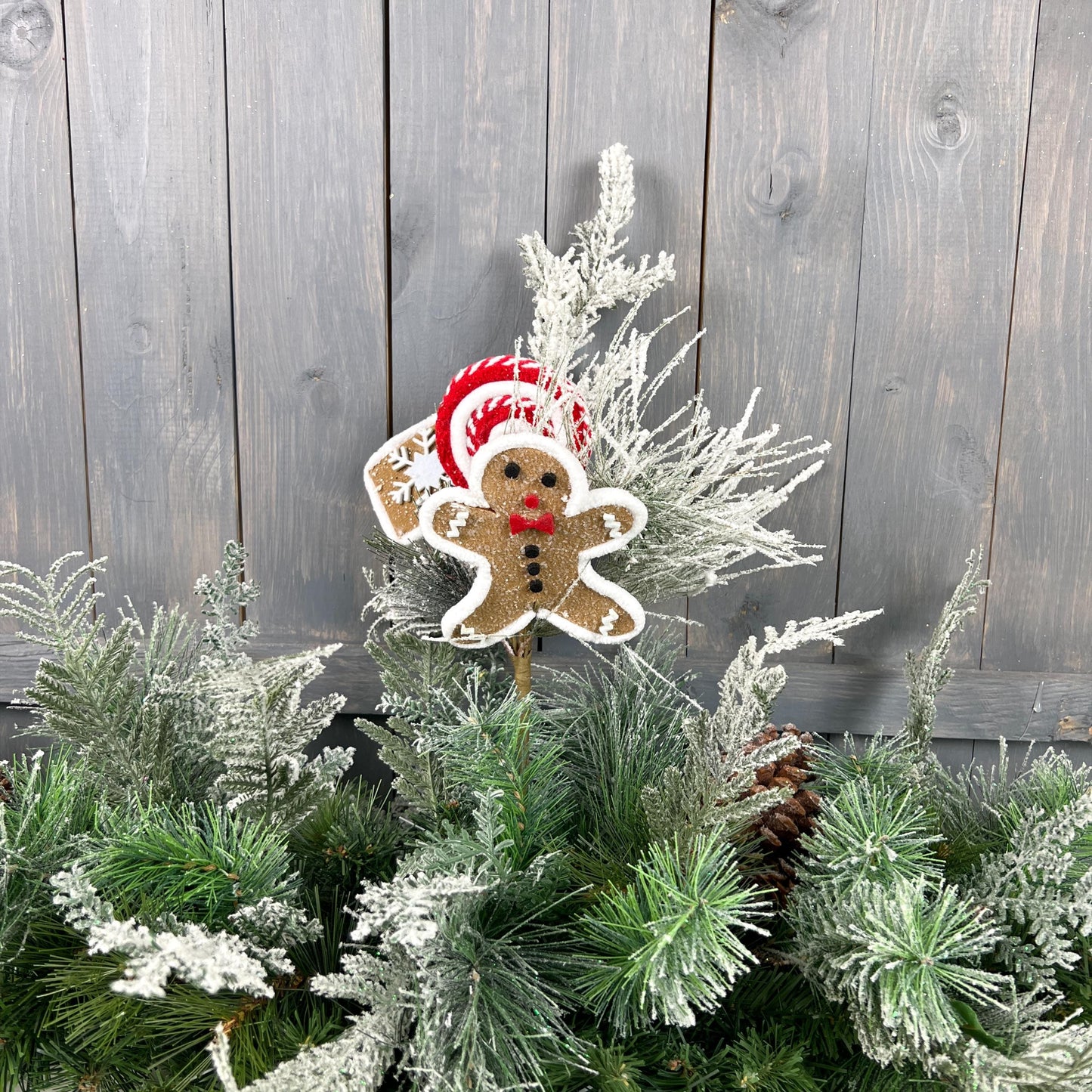 16.5" Whimsical Gingerbread and Candy Pine Spray - Flocked Xmas Floral Pick for Wreaths and Holiday Home Decor