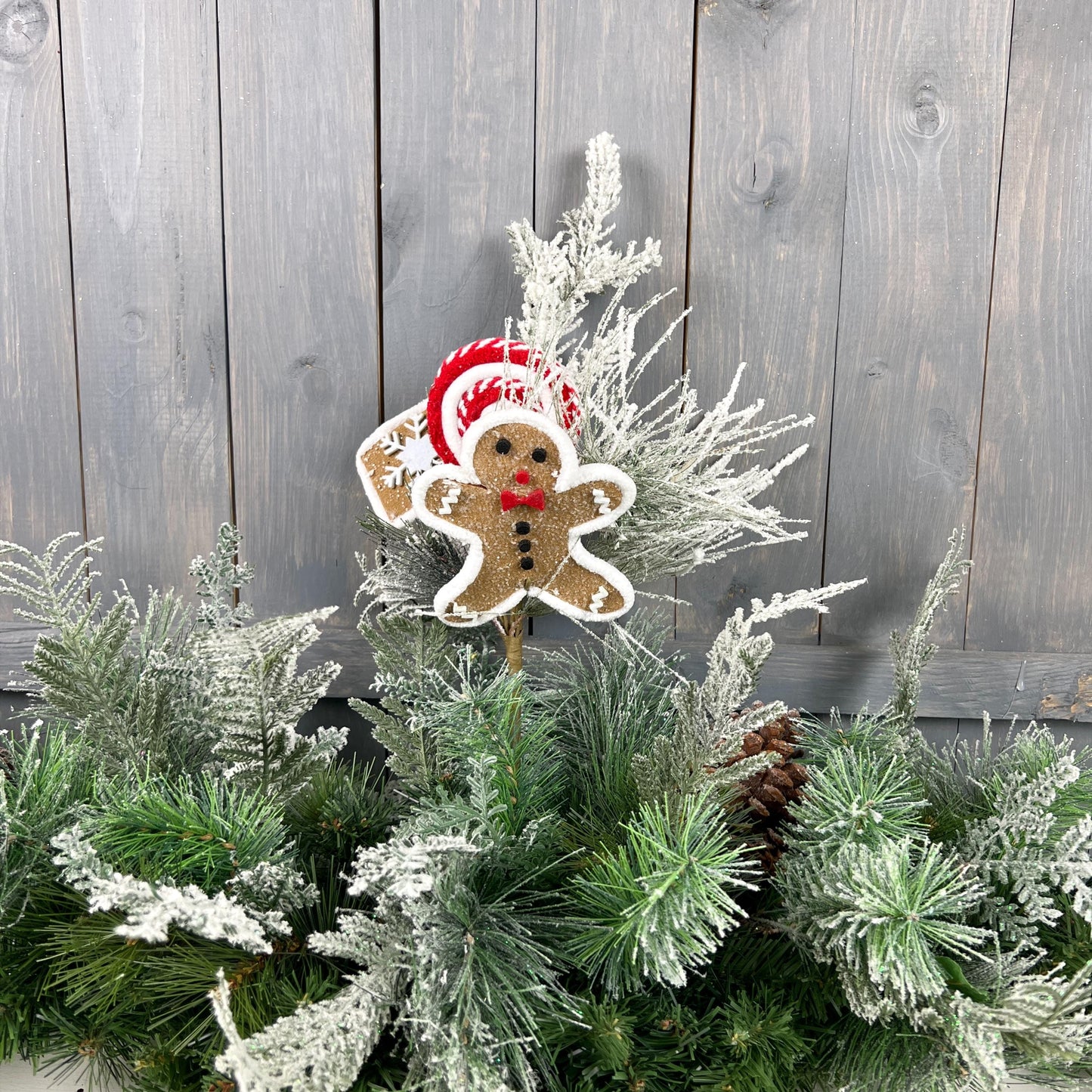 16.5" Whimsical Gingerbread and Candy Pine Spray - Flocked Xmas Floral Pick for Wreaths and Holiday Home Decor