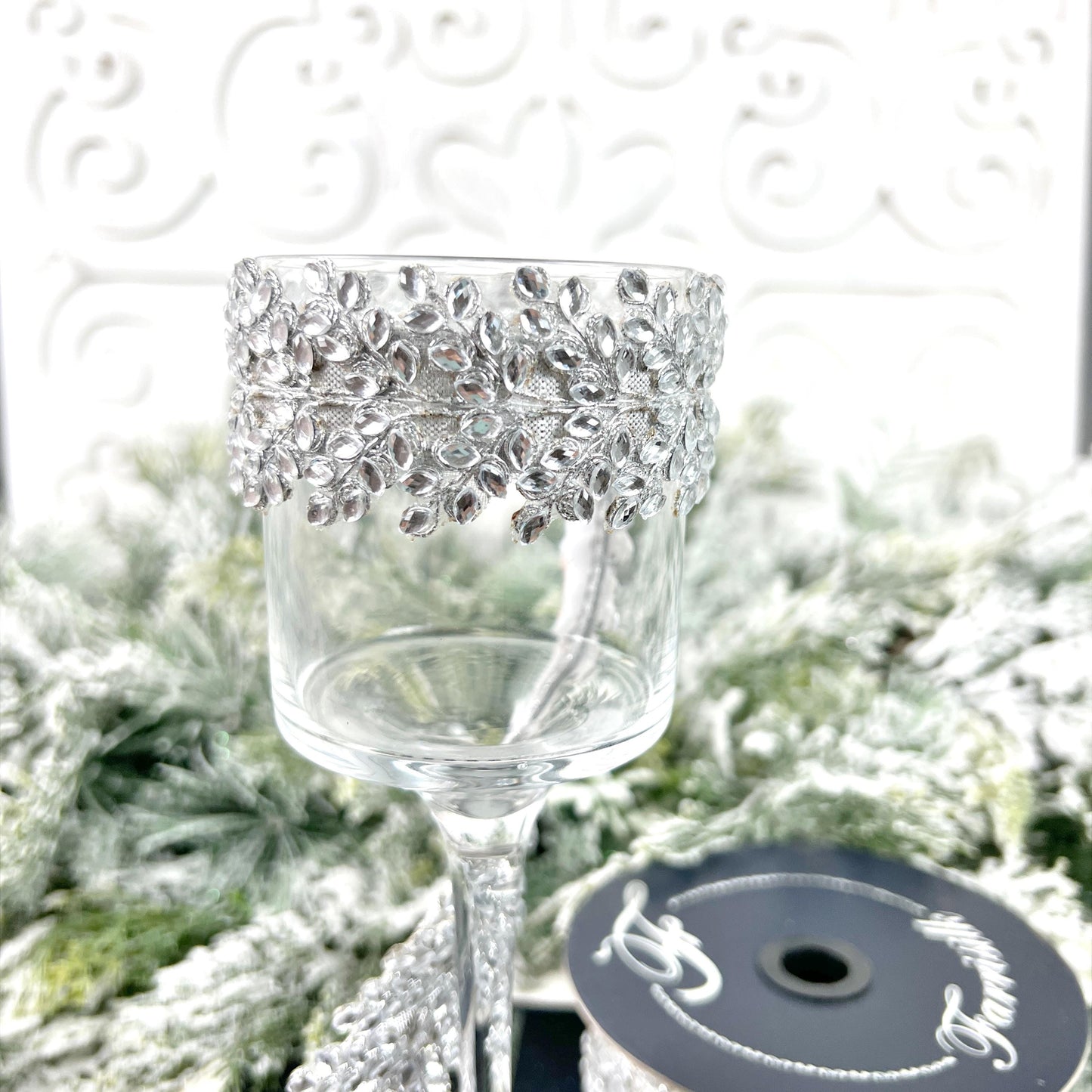 Farrisilk Crystal Trim Ornamate - Silver, Designer Adhesive Ribbon with Jeweled Trim