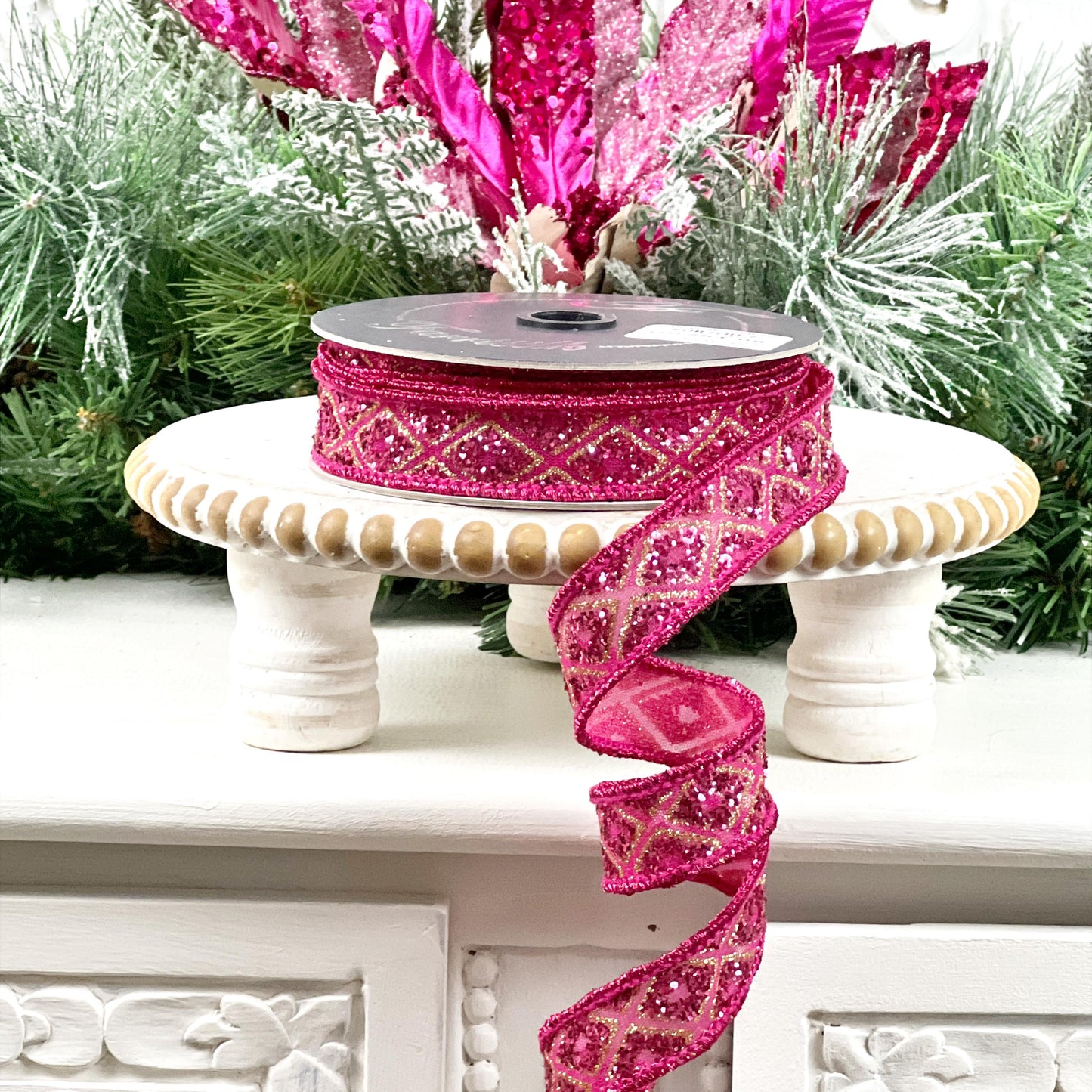 Farrisilk Hot Pink Marquise Diamond Ribbon - Glittered Designer Luxury Ribbon for Stunning Holiday Home Décor