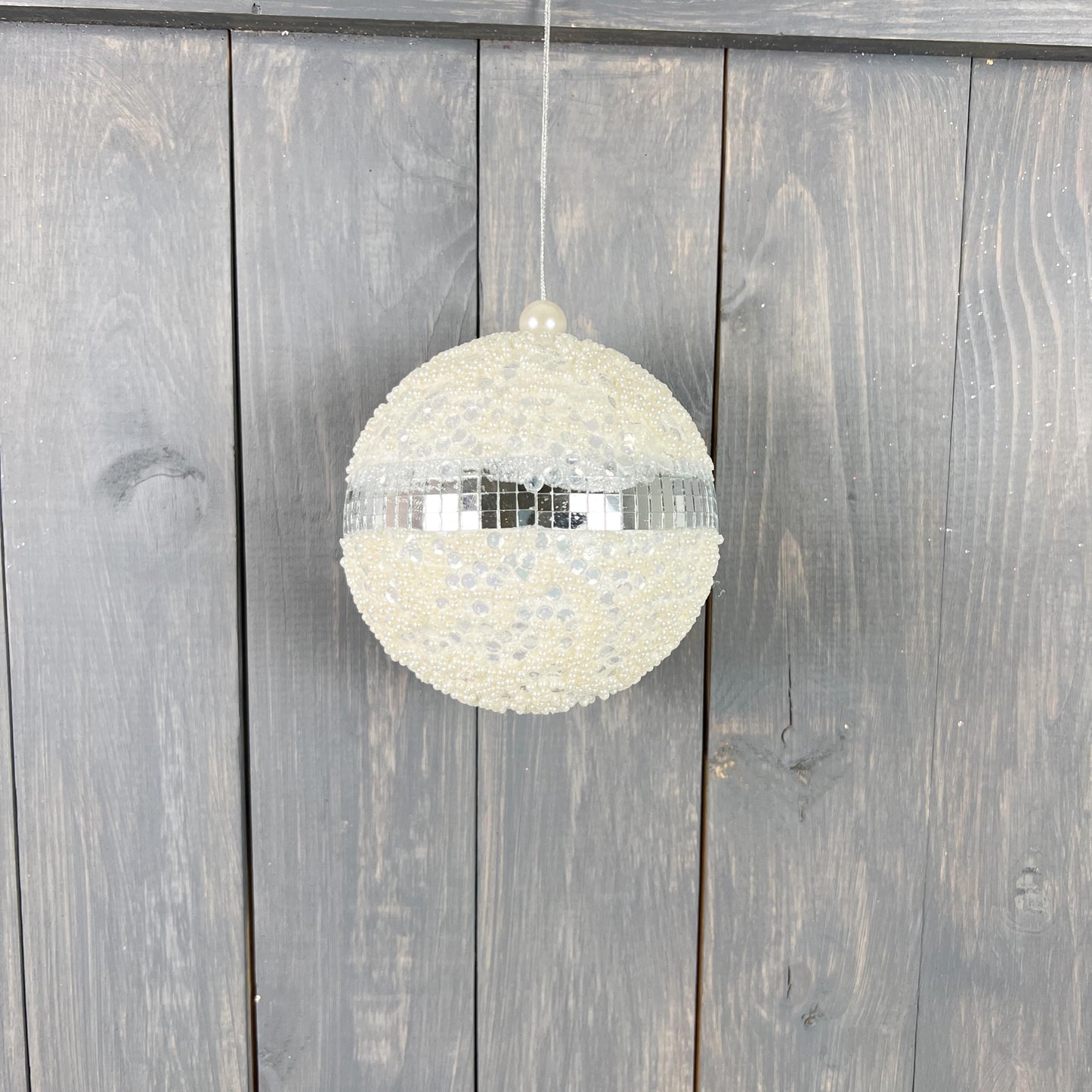 White Sequin Ornament with silver disco stripe, elegant retro vibe, shimmering, 2 sizes