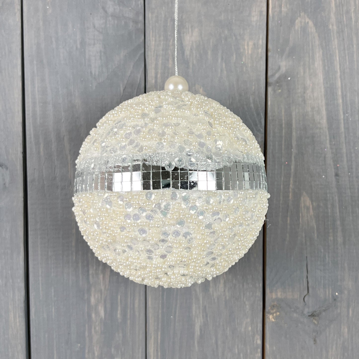 White Sequin Ornament with silver disco stripe, elegant retro vibe, shimmering, 2 sizes