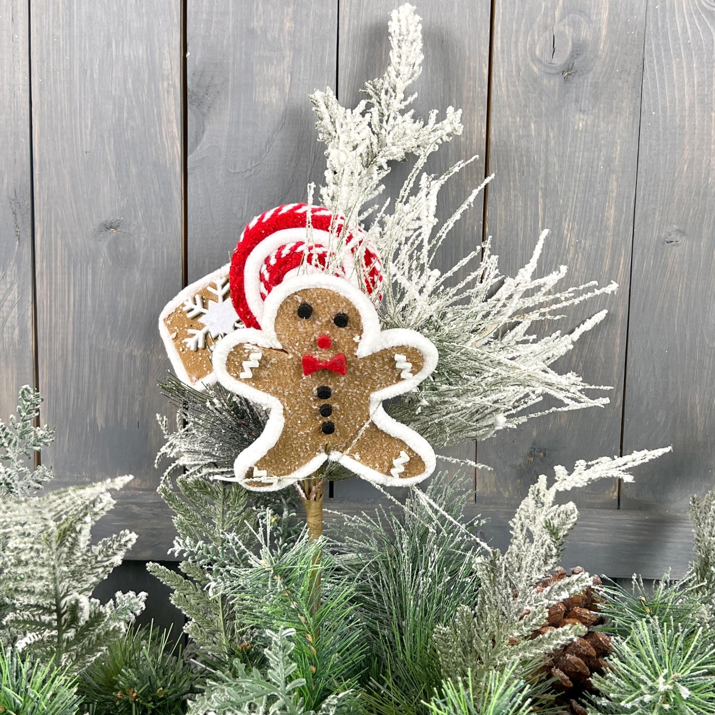 16.5" Whimsical Gingerbread and Candy Pine Spray - Flocked Xmas Floral Pick for Wreaths and Holiday Home Decor