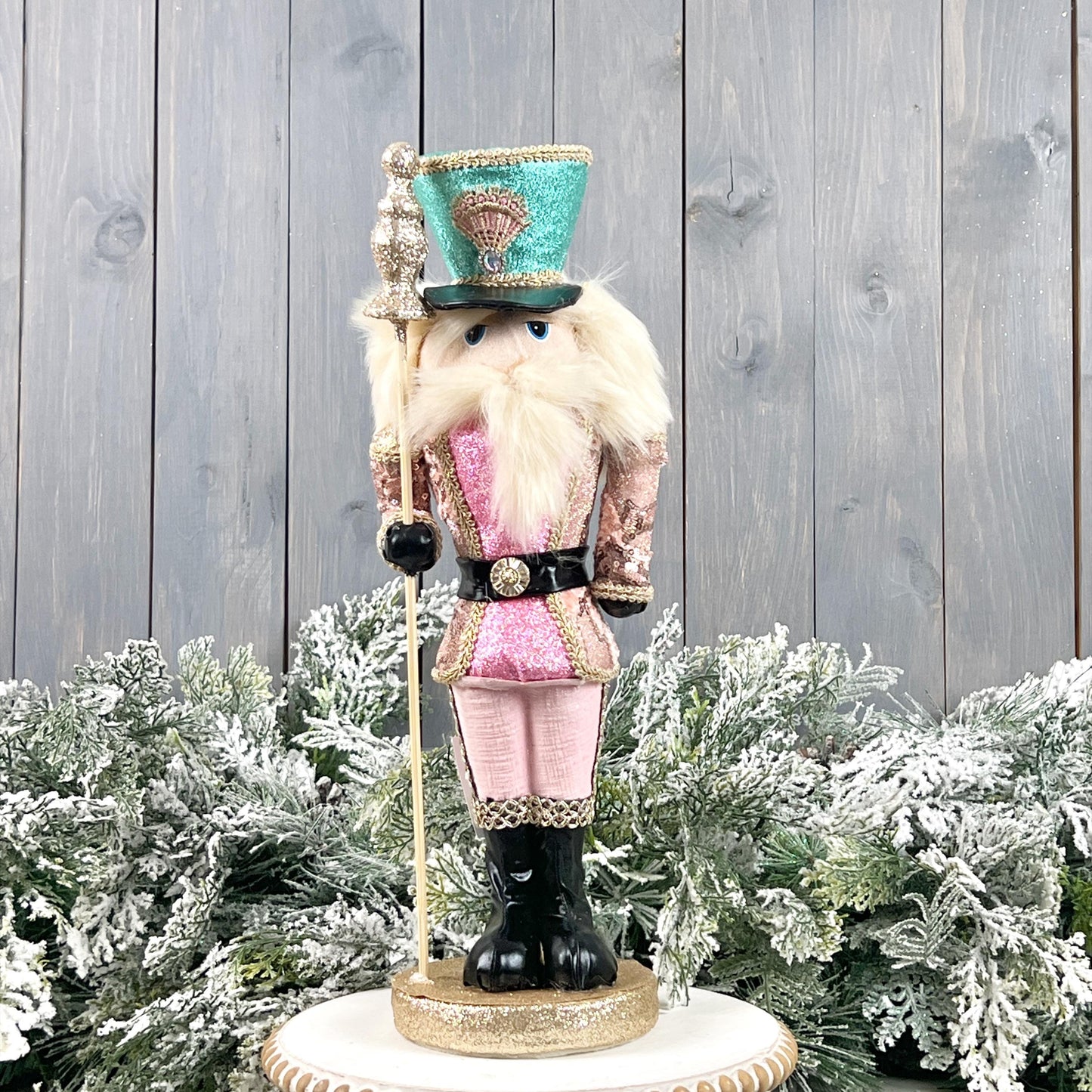 16" Pink and Green Glittered Nutcracker - Pastel Holiday Home Decor - Xmas Mantle Accent Piece