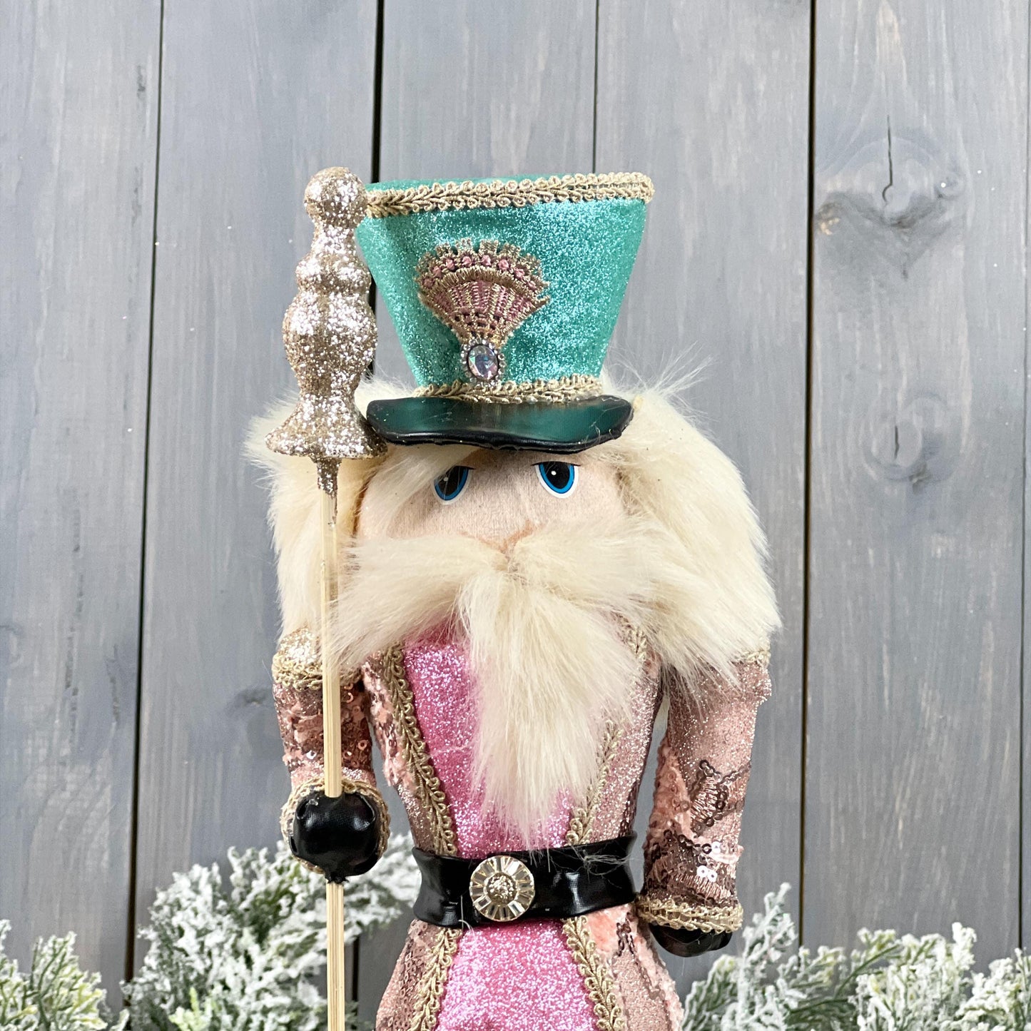 16" Pink and Green Glittered Nutcracker - Pastel Holiday Home Decor - Xmas Mantle Accent Piece