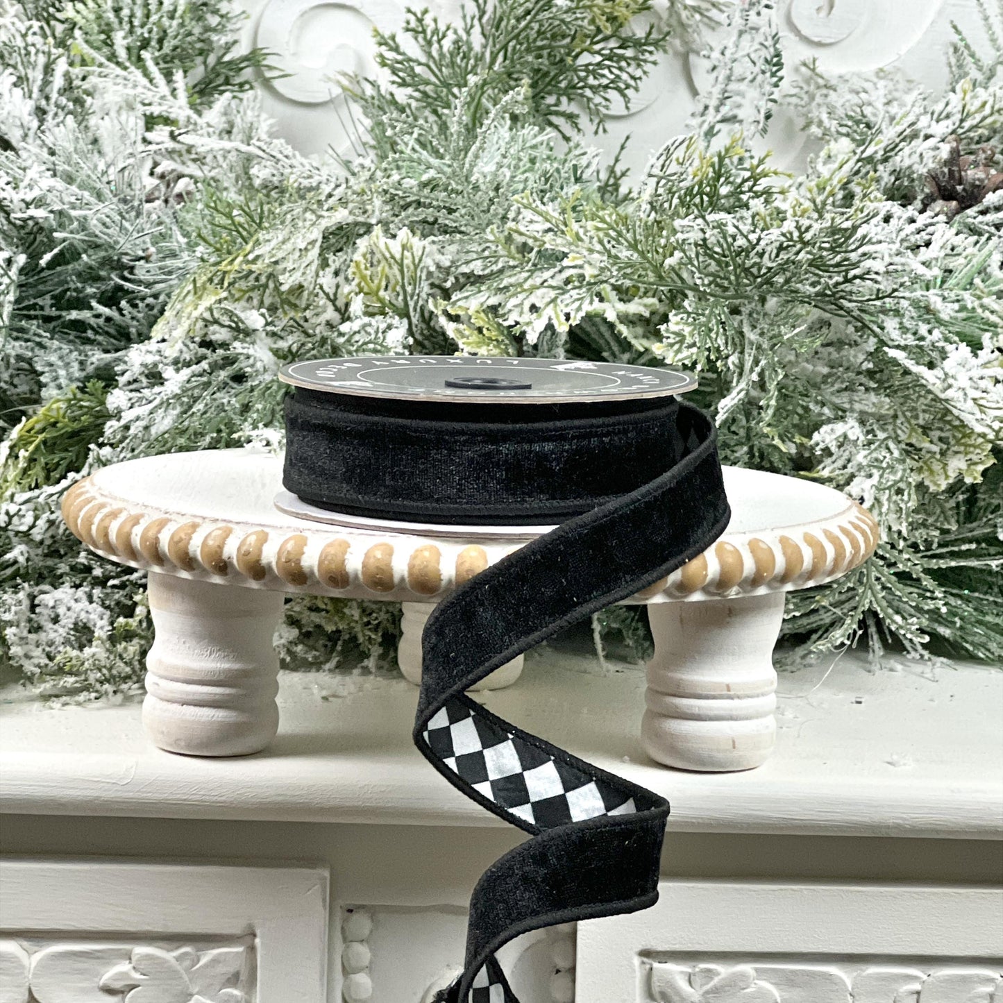 Velvet Harlequin Ribbon, Nancy Brown Harlequin Ribbon, Two Sided Velvet Jester Ribbon, Black and White Velvet Harlequin Ribbon