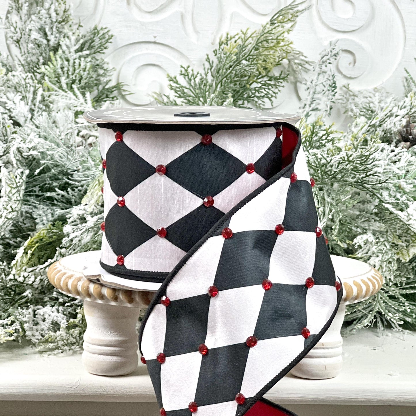 Black and White Jeweled Harlequin Ribbon, Nancy Brown Jeweled Holiday Ribbon, Jester Ribbon, Red Jewel Ribbon,
