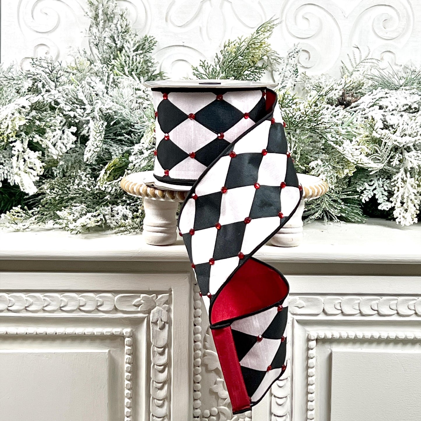 Black and White Jeweled Harlequin Ribbon, Nancy Brown Jeweled Holiday Ribbon, Jester Ribbon, Red Jewel Ribbon,