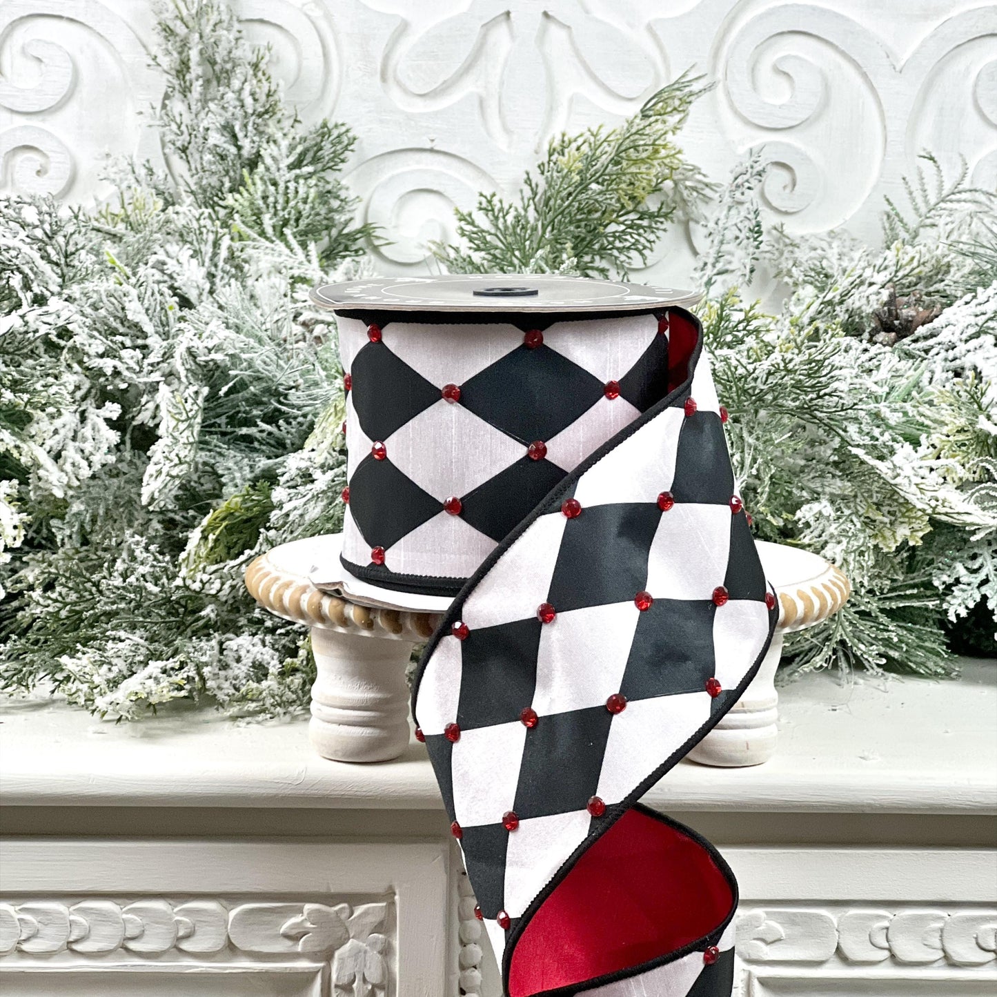 Black and White Jeweled Harlequin Ribbon, Nancy Brown Jeweled Holiday Ribbon, Jester Ribbon, Red Jewel Ribbon,