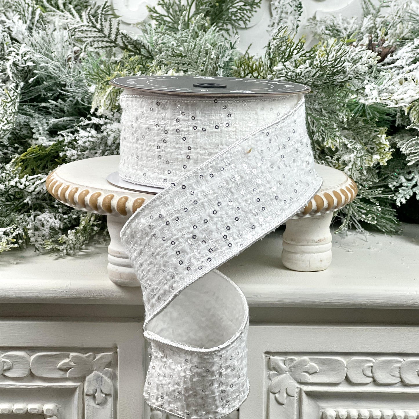 Nancy Brown White Tweed Sequin Ribbon - Luxury Wired Ribbon for Elegant Home and Holiday Decor - Jeweled Ribbon, White Christmas Ribbon