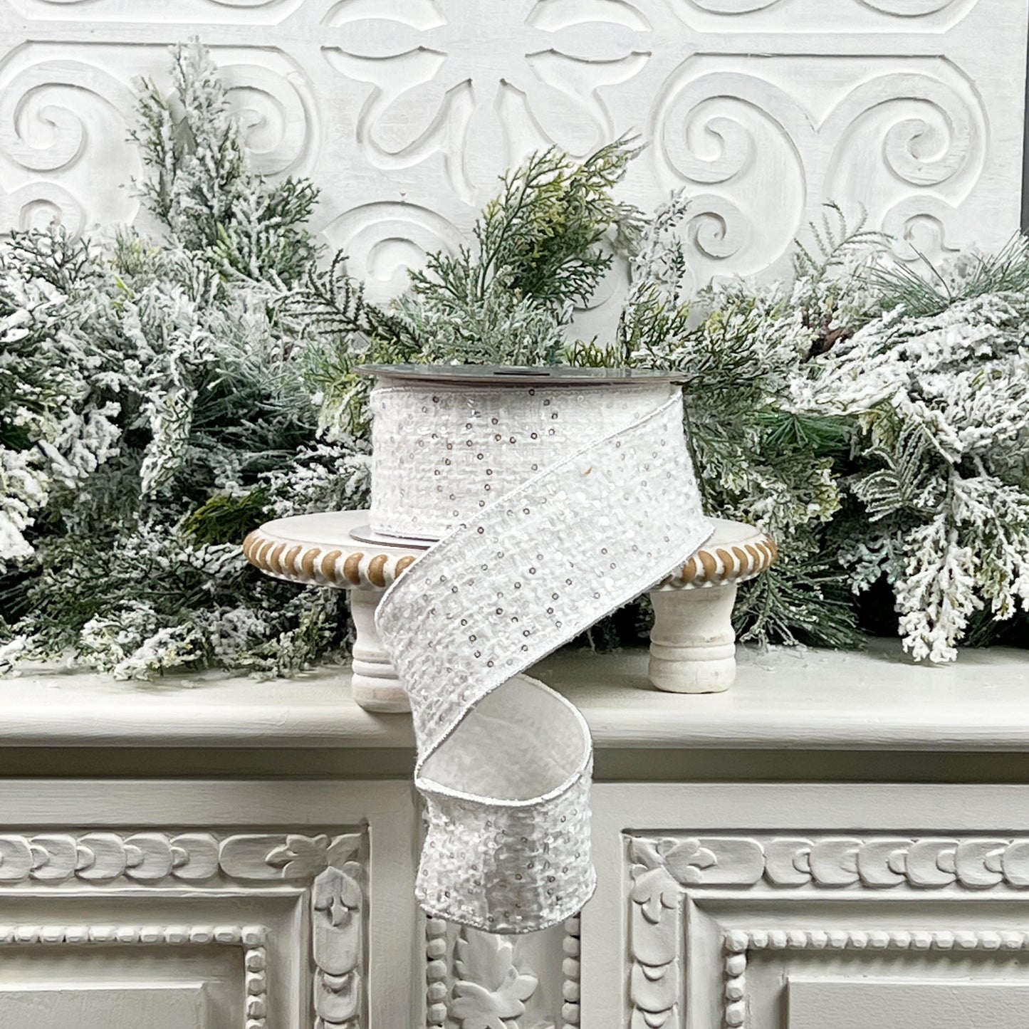 Nancy Brown White Tweed Sequin Ribbon - Luxury Wired Ribbon for Elegant Home and Holiday Decor - Jeweled Ribbon, White Christmas Ribbon