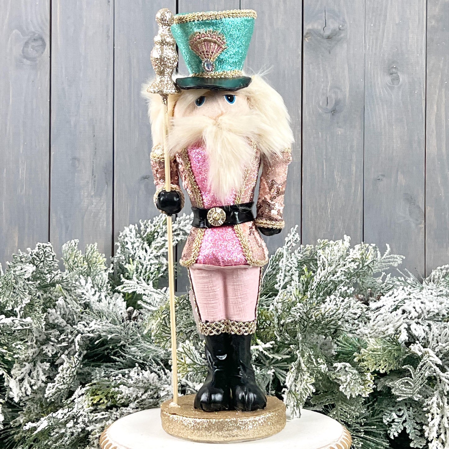 16" Pink and Green Glittered Nutcracker - Pastel Holiday Home Decor - Xmas Mantle Accent Piece