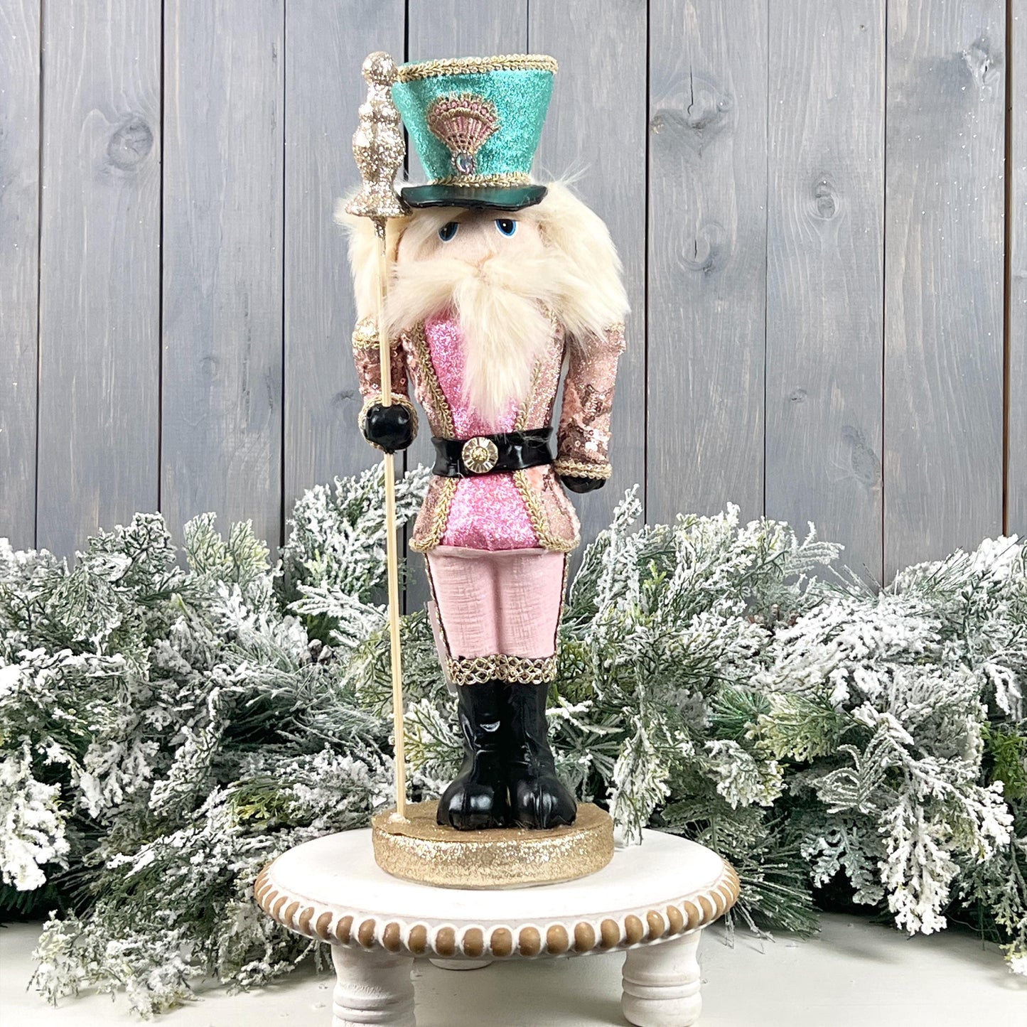 16" Pink and Green Glittered Nutcracker - Pastel Holiday Home Decor - Xmas Mantle Accent Piece
