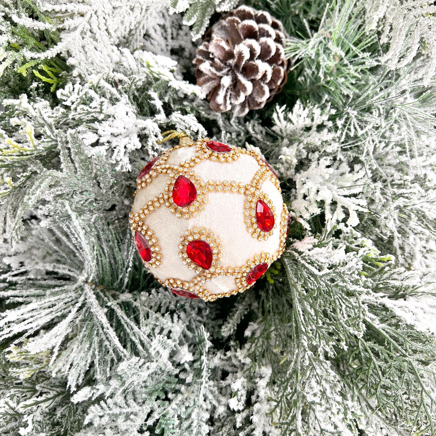 Elegant Ivory and Red Jeweled Velvet Christmas Ornament - Holiday Home Decor, Jeweled Ball Ornament, Red and Gold Ornament, Holiday Bling