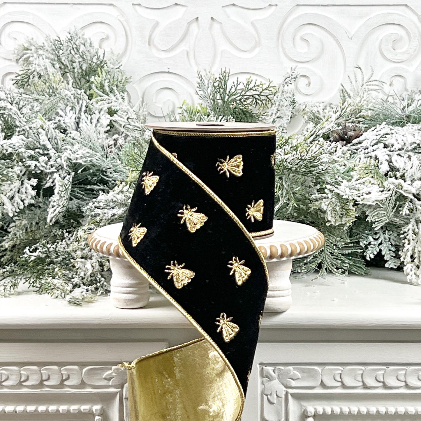 Luxurious D Stevens Black and Gold Velvet Embroidered Bee Ribbon