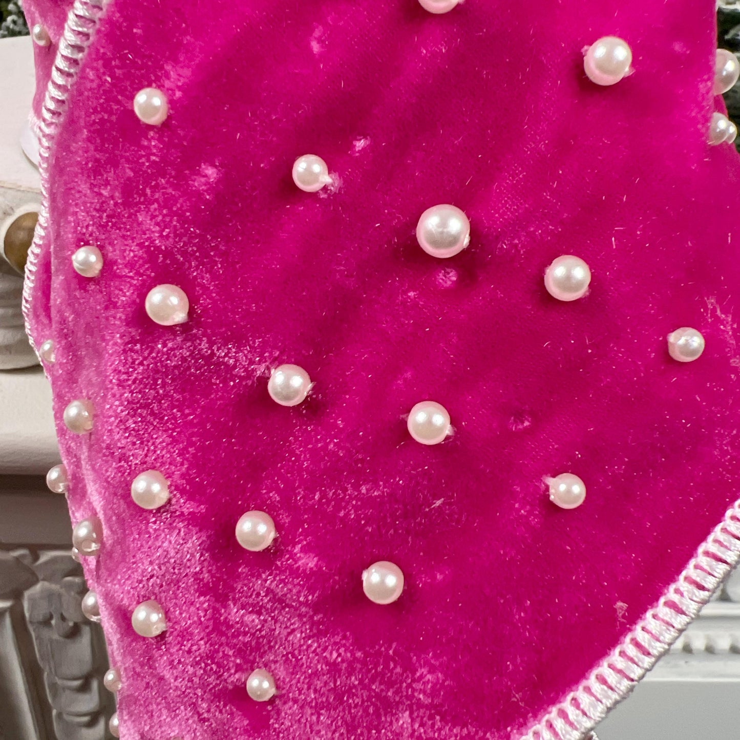 Nancy Brown's Designer Hot Pink Velvet Ribbon Adorned with Luxurious Pearls, Jeweled Ribbon, Pink Velvet Ribbon, Hot Pink Pearl Trim ribbon