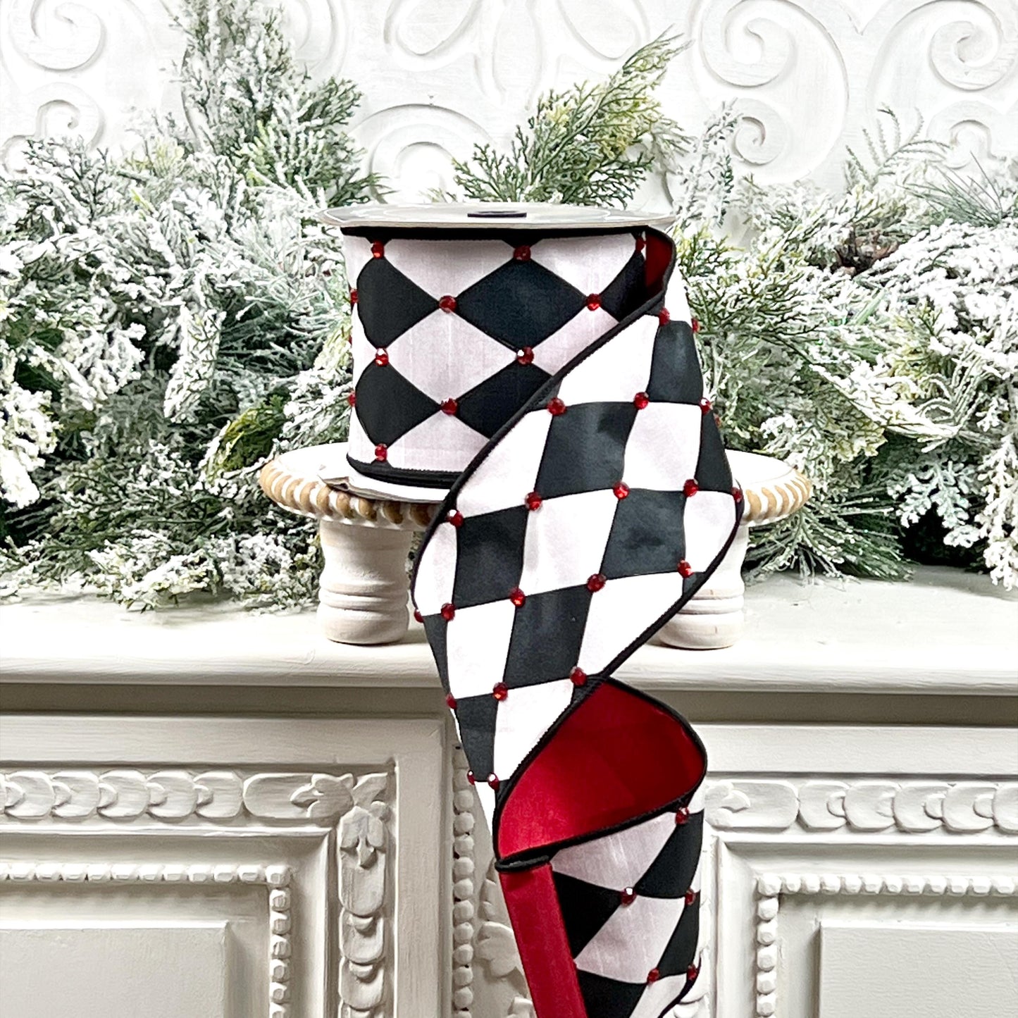 Black and White Jeweled Harlequin Ribbon, Nancy Brown Jeweled Holiday Ribbon, Jester Ribbon, Red Jewel Ribbon,