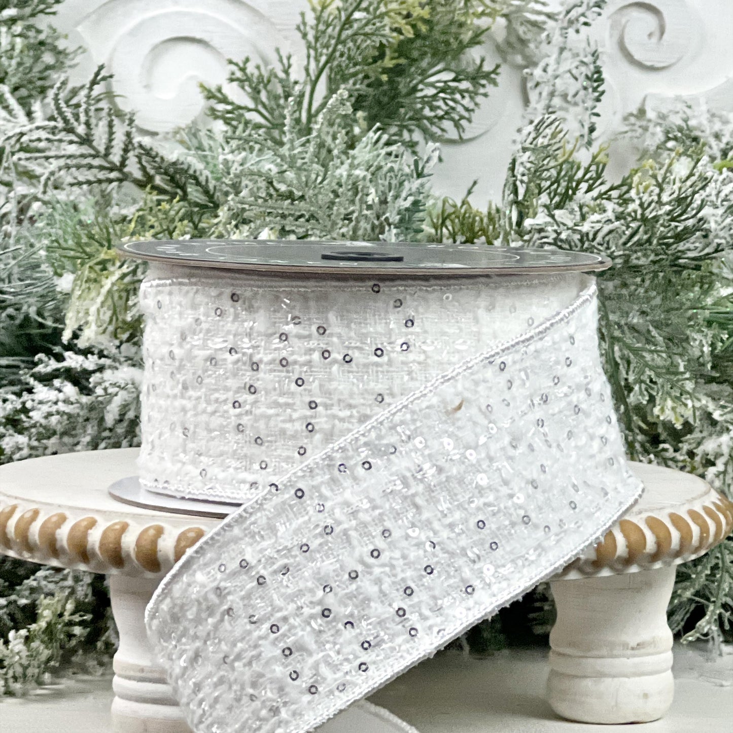 Nancy Brown White Tweed Sequin Ribbon - Luxury Wired Ribbon for Elegant Home and Holiday Decor - Jeweled Ribbon, White Christmas Ribbon