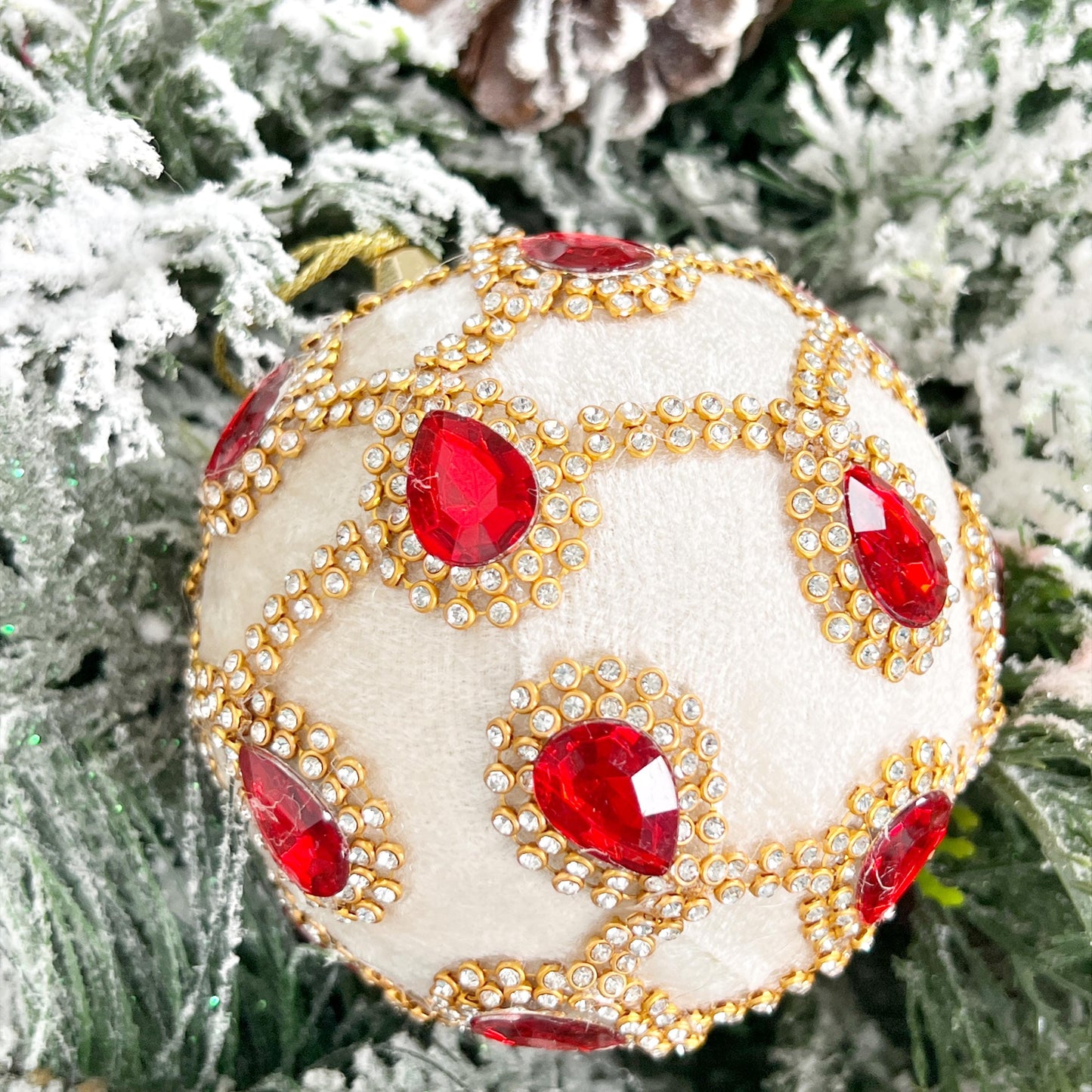 Elegant Ivory and Red Jeweled Velvet Christmas Ornament - Holiday Home Decor, Jeweled Ball Ornament, Red and Gold Ornament, Holiday Bling