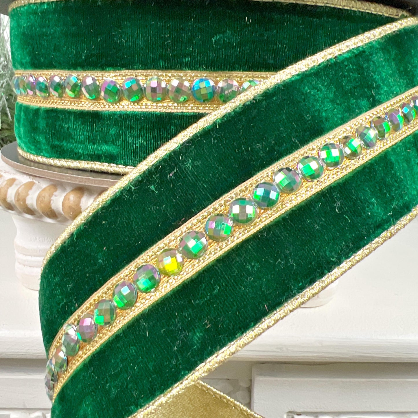 D Stevens Emerald Green Jeweled Velvet Ribbon, Jeweled Velvet Christmas ribbon, Green and Gold Holiday Ribbon, 2.5" Wired Velvet ribbon,