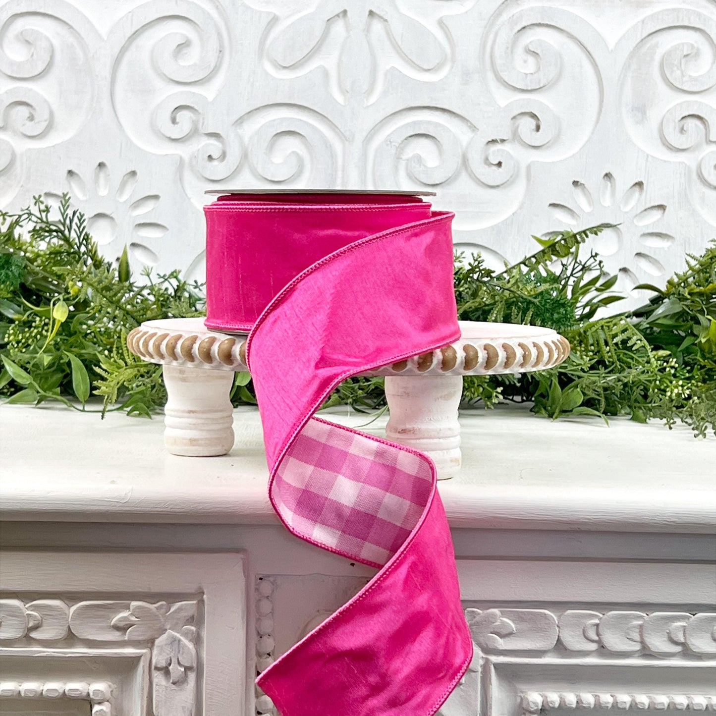 Nancy Brown's Hot Pink and Gingham Dupion Ribbon - Luxury Wired Dupion Ribbon for Home Decor, Wreaths, and Events, Pink Holiday Decor,