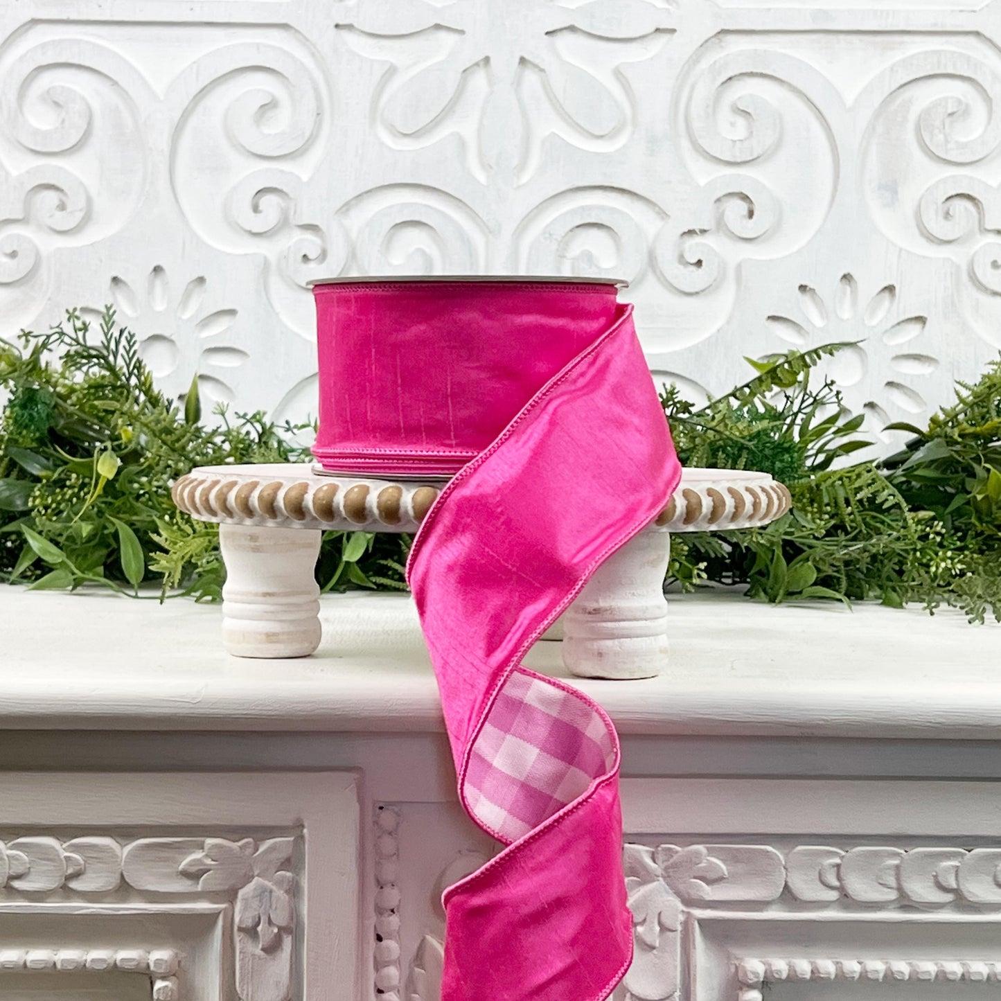 Nancy Brown's Hot Pink and Gingham Dupion Ribbon - Luxury Wired Dupion Ribbon for Home Decor, Wreaths, and Events, Pink Holiday Decor,