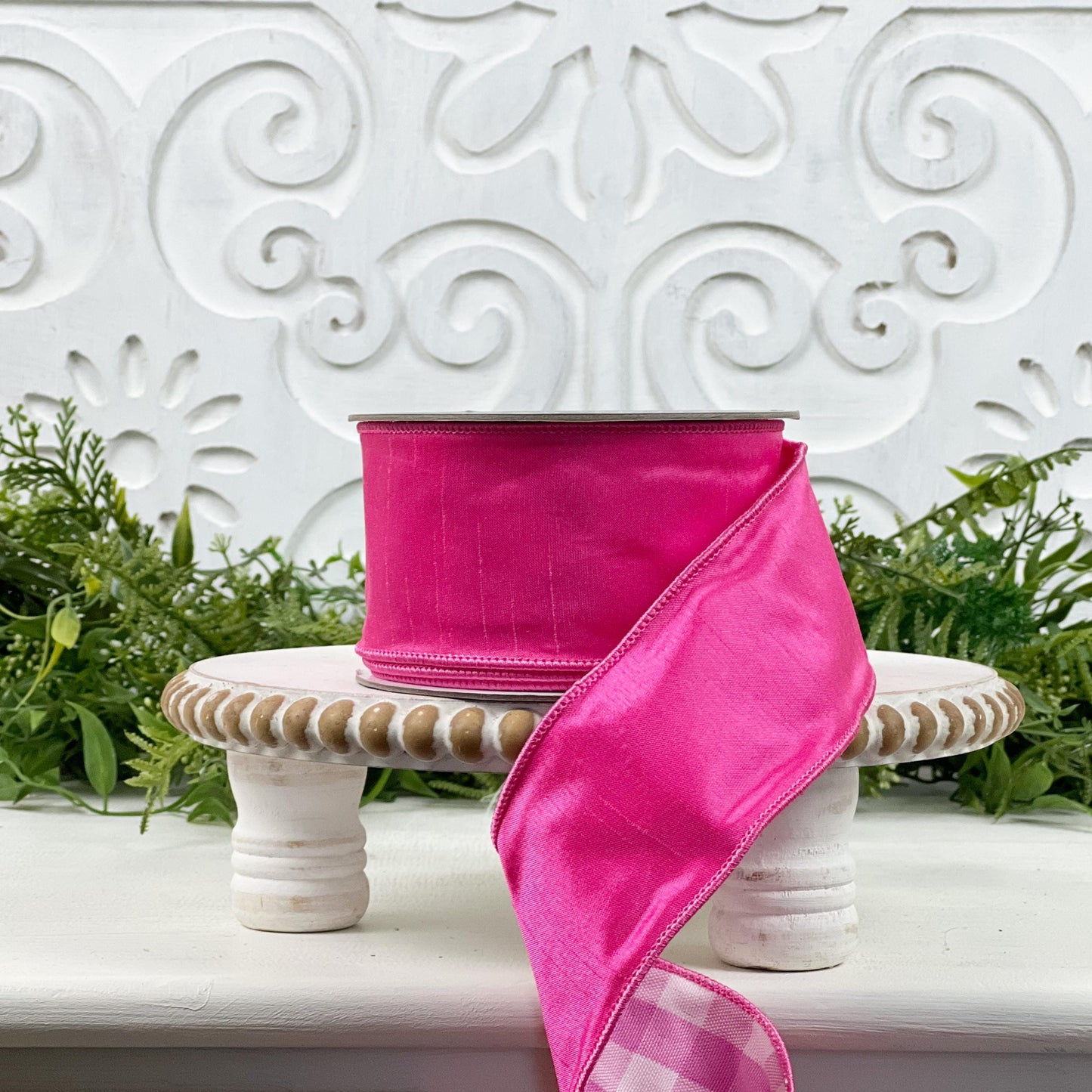 Nancy Brown's Hot Pink and Gingham Dupion Ribbon - Luxury Wired Dupion Ribbon for Home Decor, Wreaths, and Events, Pink Holiday Decor,