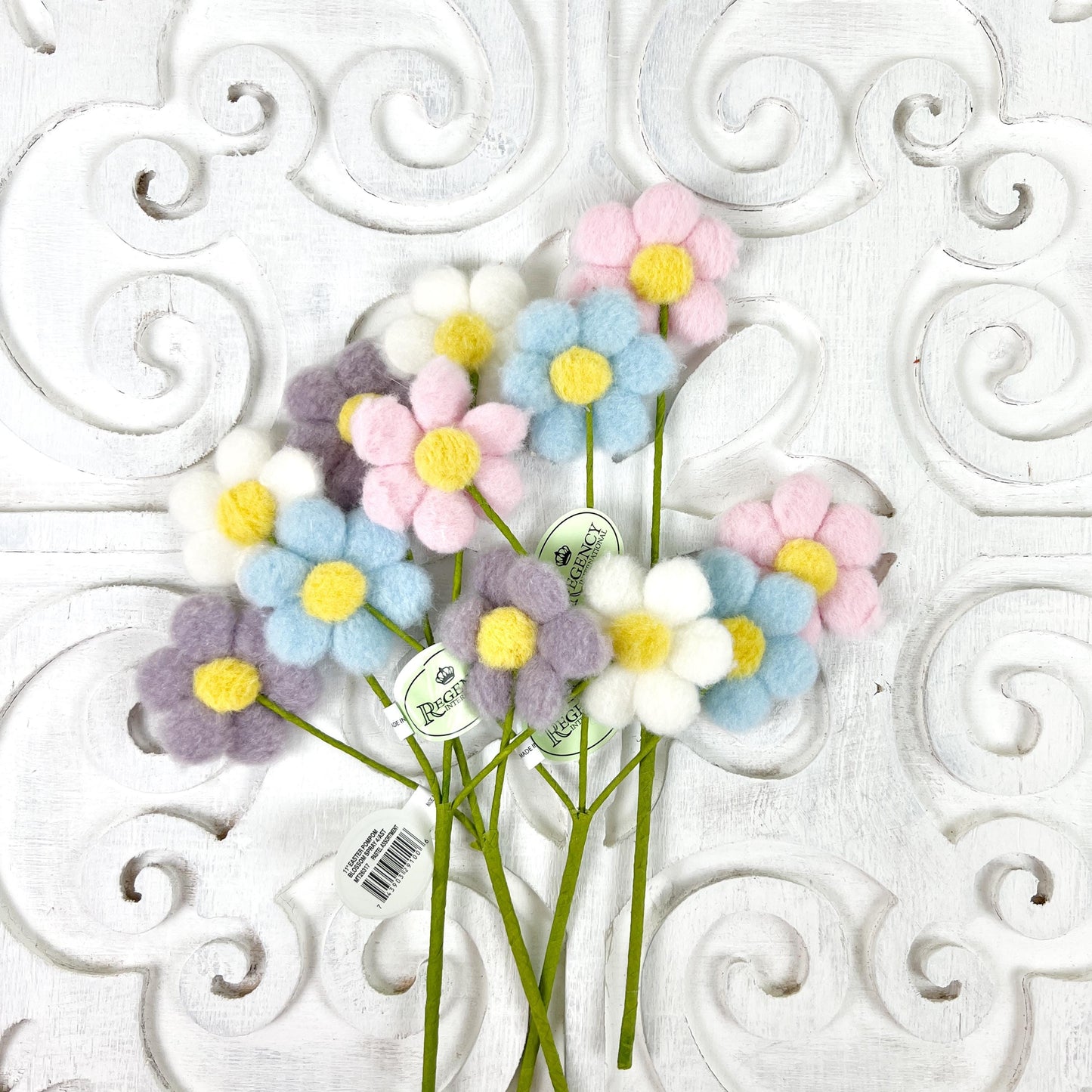 11" Easter Pompom Blossom Spray – Soft Pastel Floral Pick, Spring Décor, Whimsical Felt Flowers, Farmhouse Easter