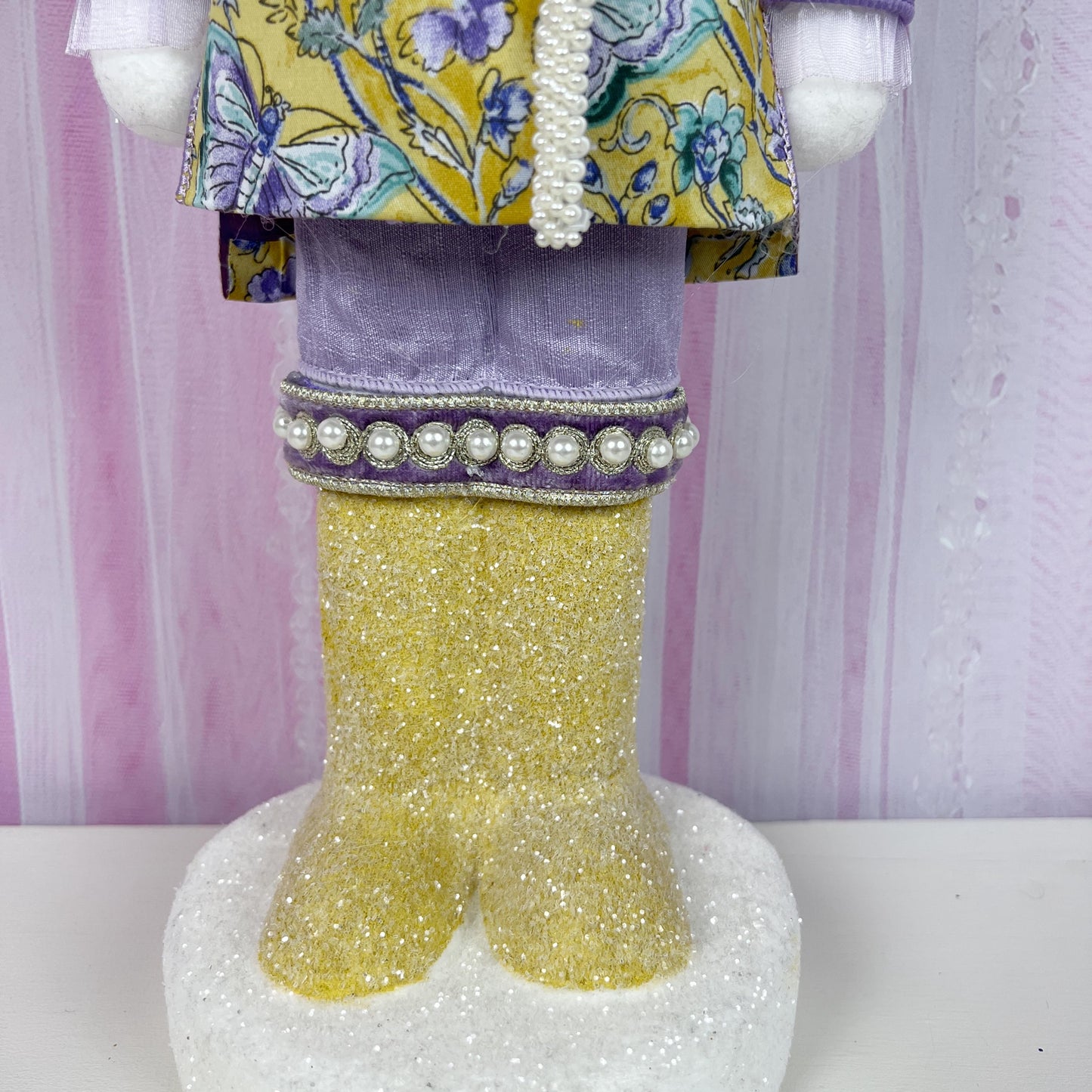 Luxury Nutcracker Bunny – Handcrafted Easter Decor with D. Stevens Ribbon & Pearl Accents, Yellow and Lavender Easter Decor, Easter Bunny