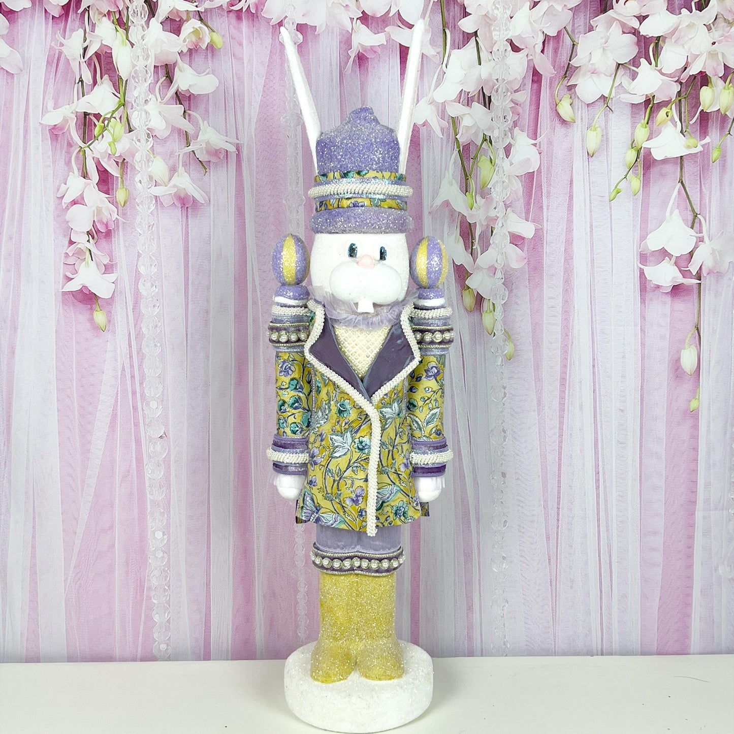 Luxury Nutcracker Bunny – Handcrafted Easter Decor with D. Stevens Ribbon & Pearl Accents, Yellow and Lavender Easter Decor, Easter Bunny