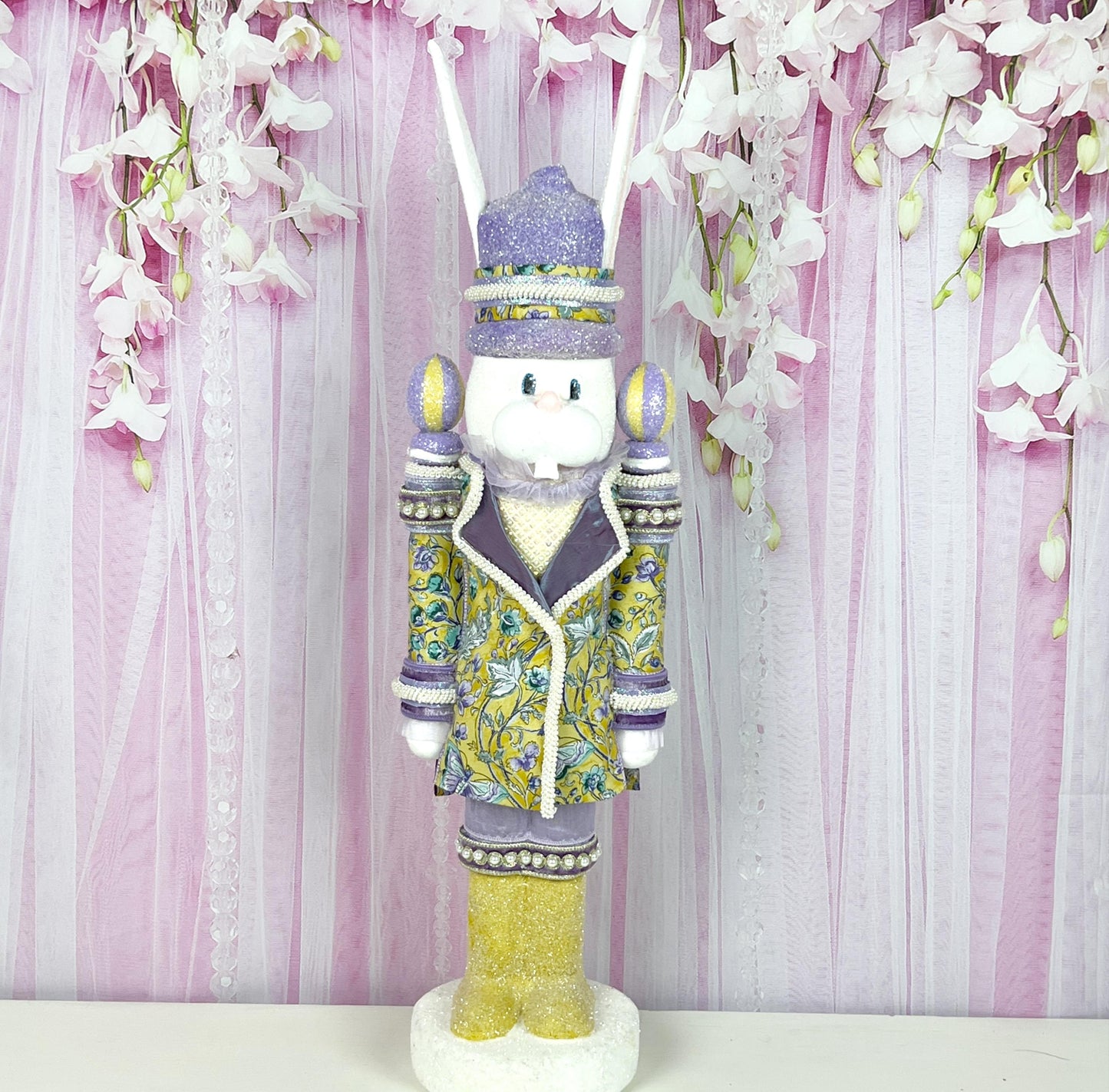 Luxury Nutcracker Bunny – Handcrafted Easter Decor with D. Stevens Ribbon & Pearl Accents, Yellow and Lavender Easter Decor, Easter Bunny