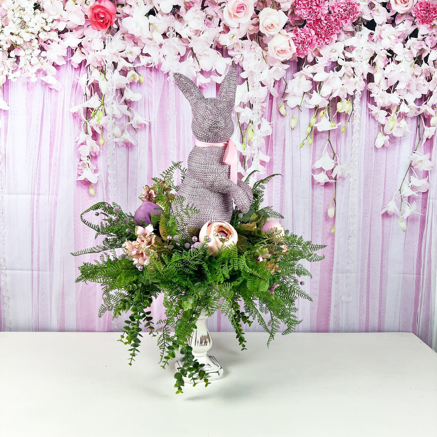 Lavender & Pink Bunny Centerpiece – Elegant Spring Floral Arrangement on Candlestick Base, Easter Decor