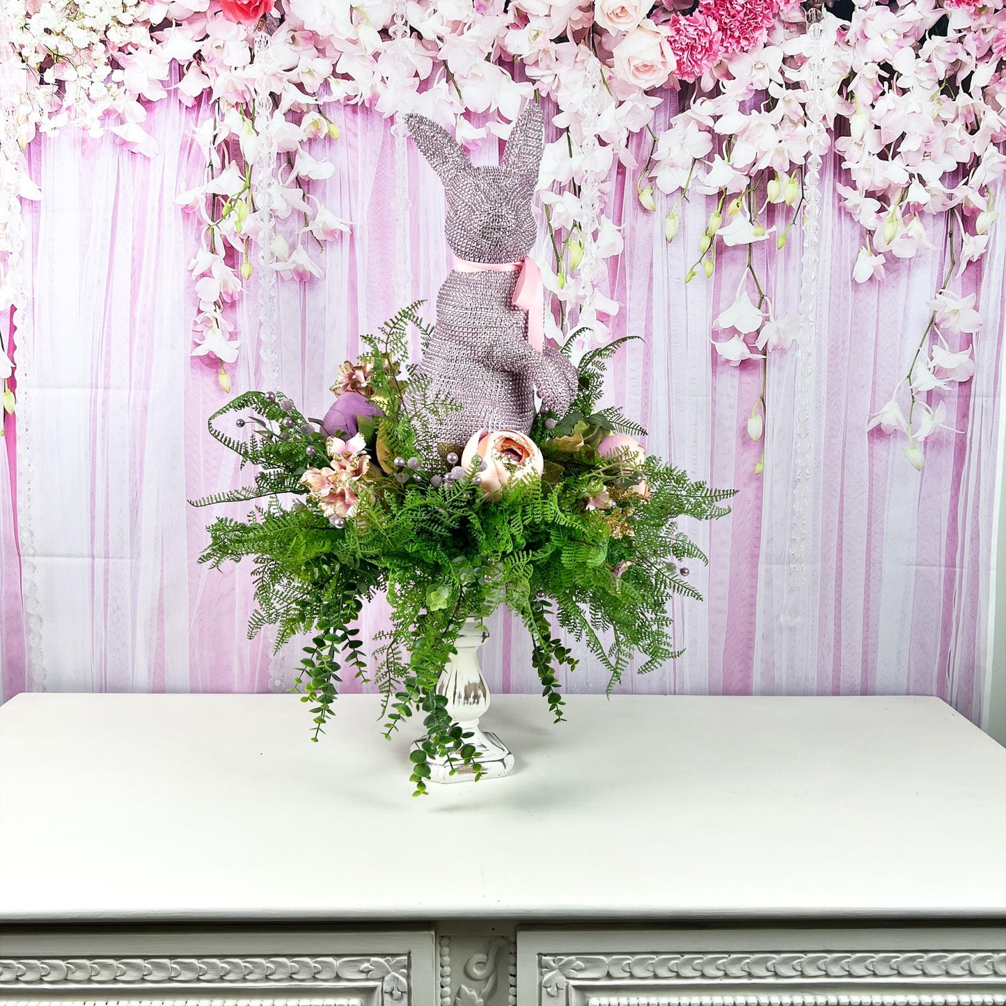 Lavender & Pink Bunny Centerpiece – Elegant Spring Floral Arrangement on Candlestick Base, Easter Decor