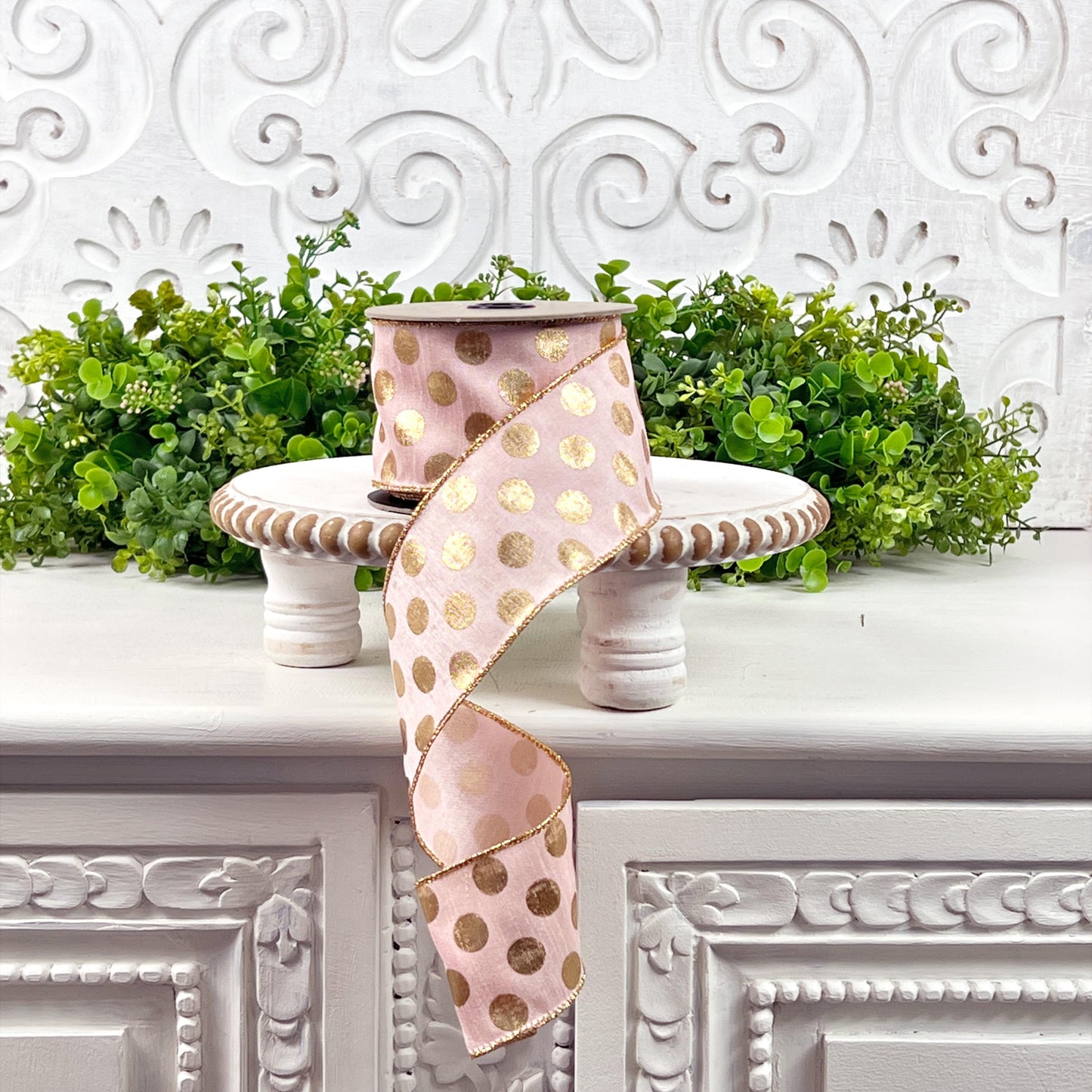 D. Stevens Gold Polka Dot Ribbon – Light Peach, Wired Metallic Spring & Summer Ribbon, Pink Polka Dot Ribbon, Easter Ribbon,