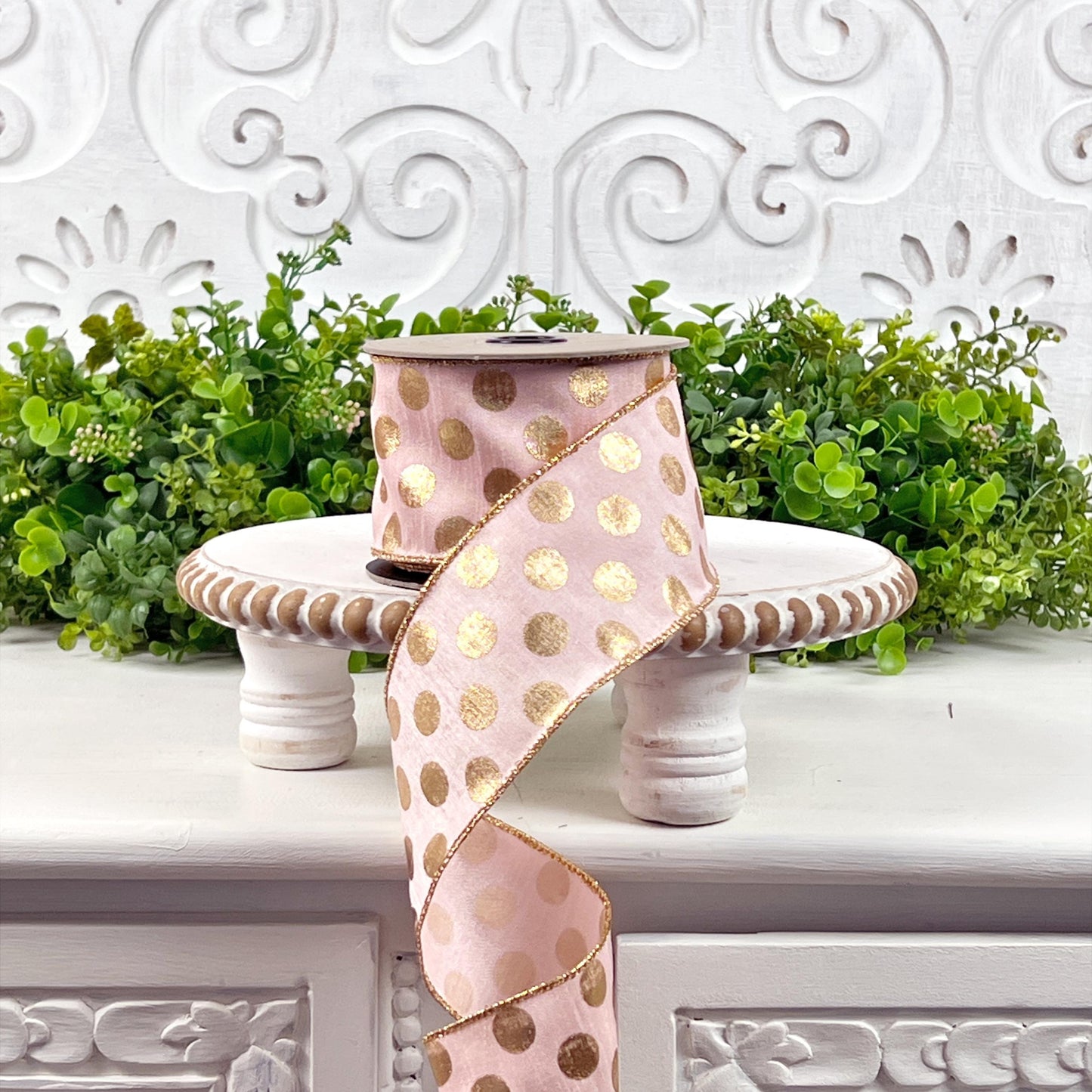 D. Stevens Gold Polka Dot Ribbon – Light Peach, Wired Metallic Spring & Summer Ribbon, Pink Polka Dot Ribbon, Easter Ribbon,