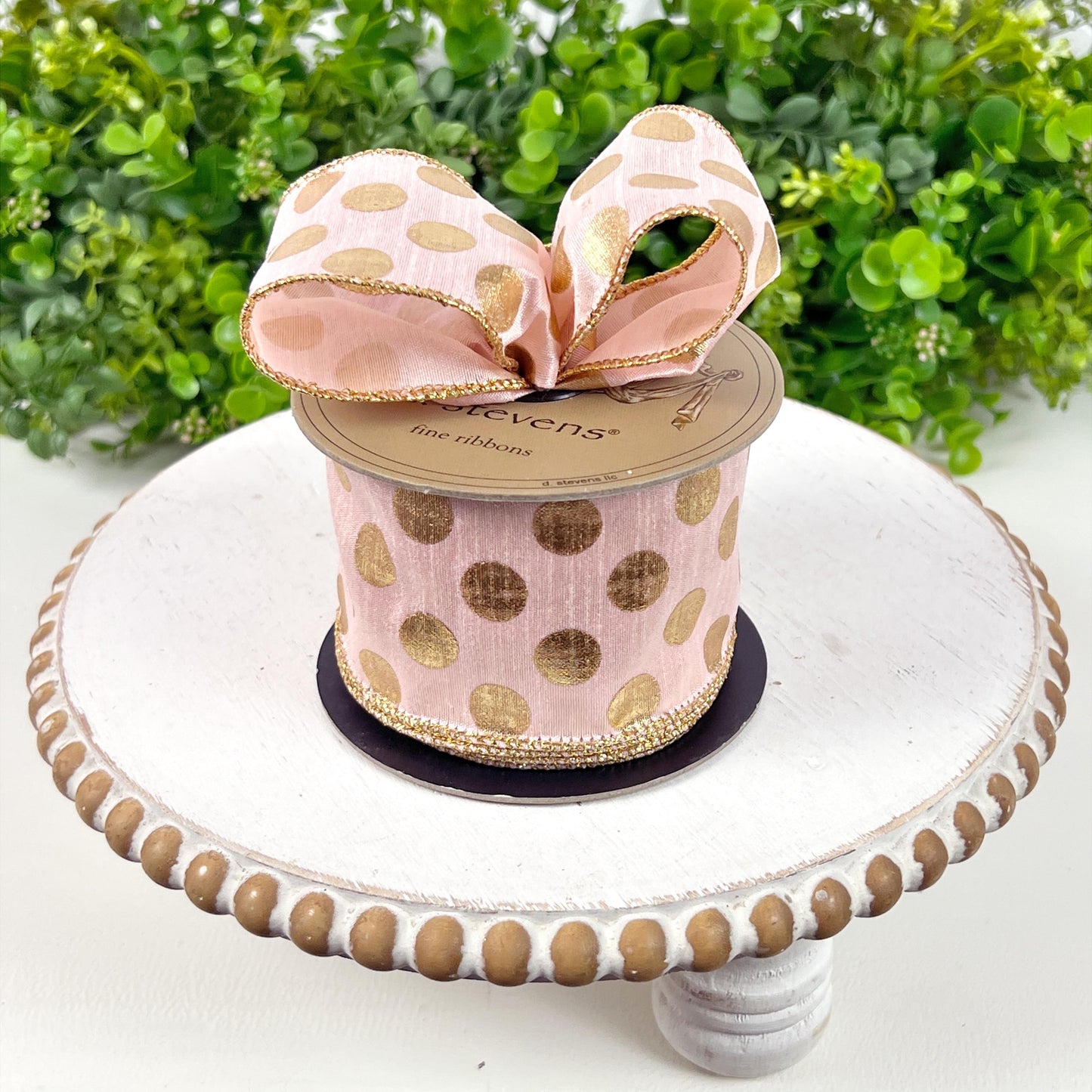 D. Stevens Gold Polka Dot Ribbon – Light Peach, Wired Metallic Spring & Summer Ribbon, Pink Polka Dot Ribbon, Easter Ribbon,