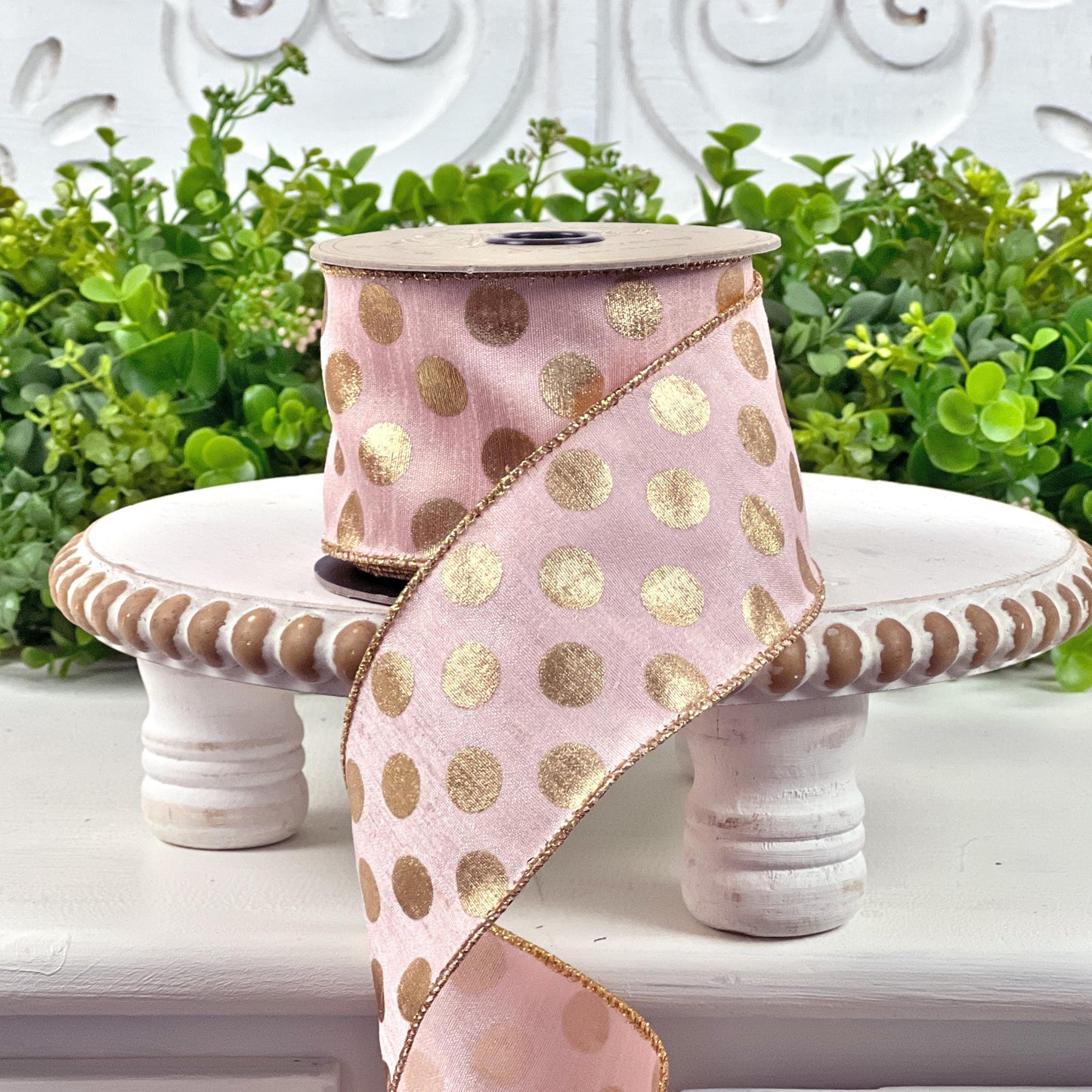 D. Stevens Gold Polka Dot Ribbon – Light Peach, Wired Metallic Spring & Summer Ribbon, Pink Polka Dot Ribbon, Easter Ribbon,