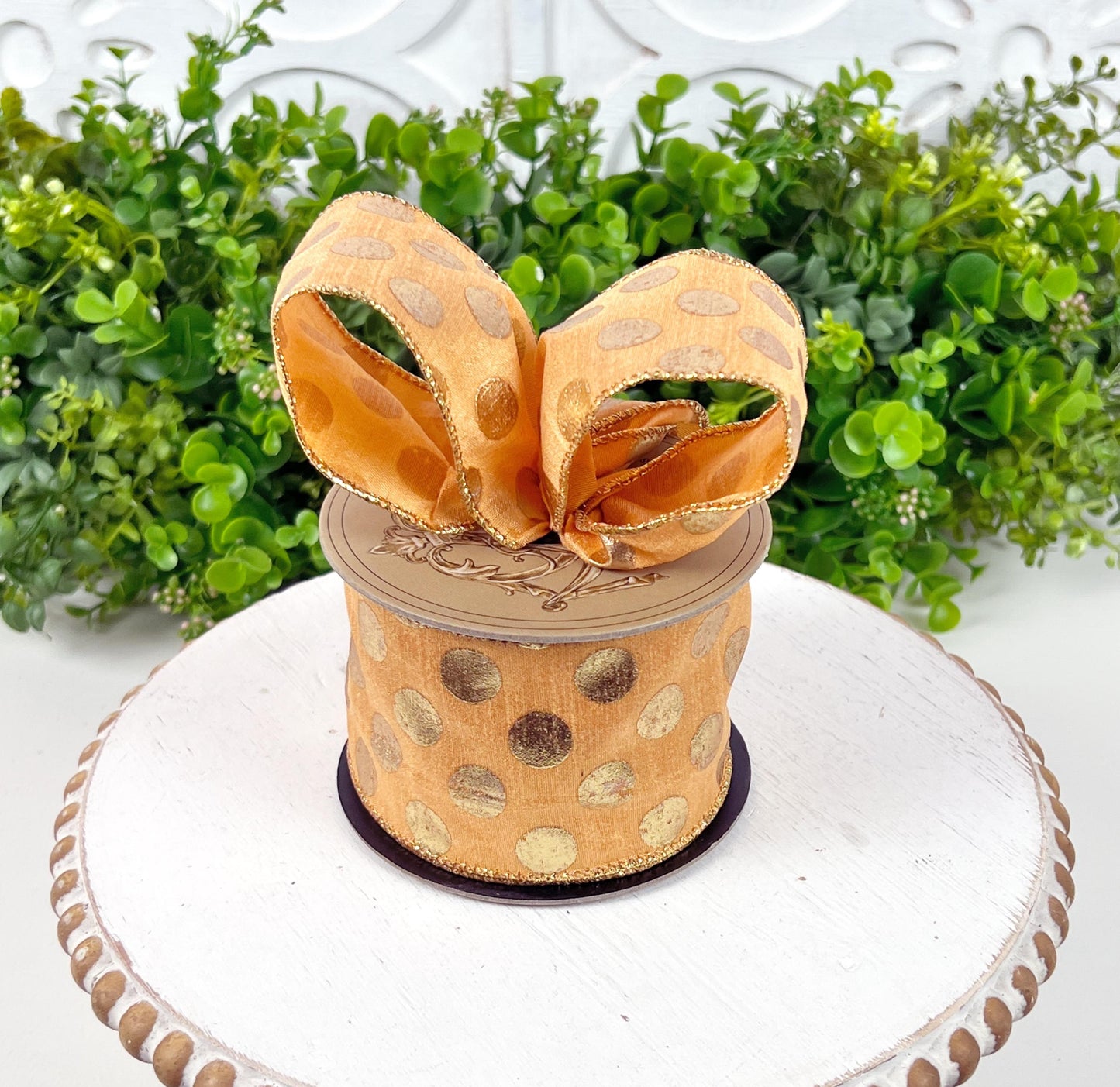 D. Stevens Gold Polka Dot Ribbon – Light Orange, Wired Metallic Spring & Summer Ribbon, Orange Polka Dot Ribbon, Easter Ribbon,