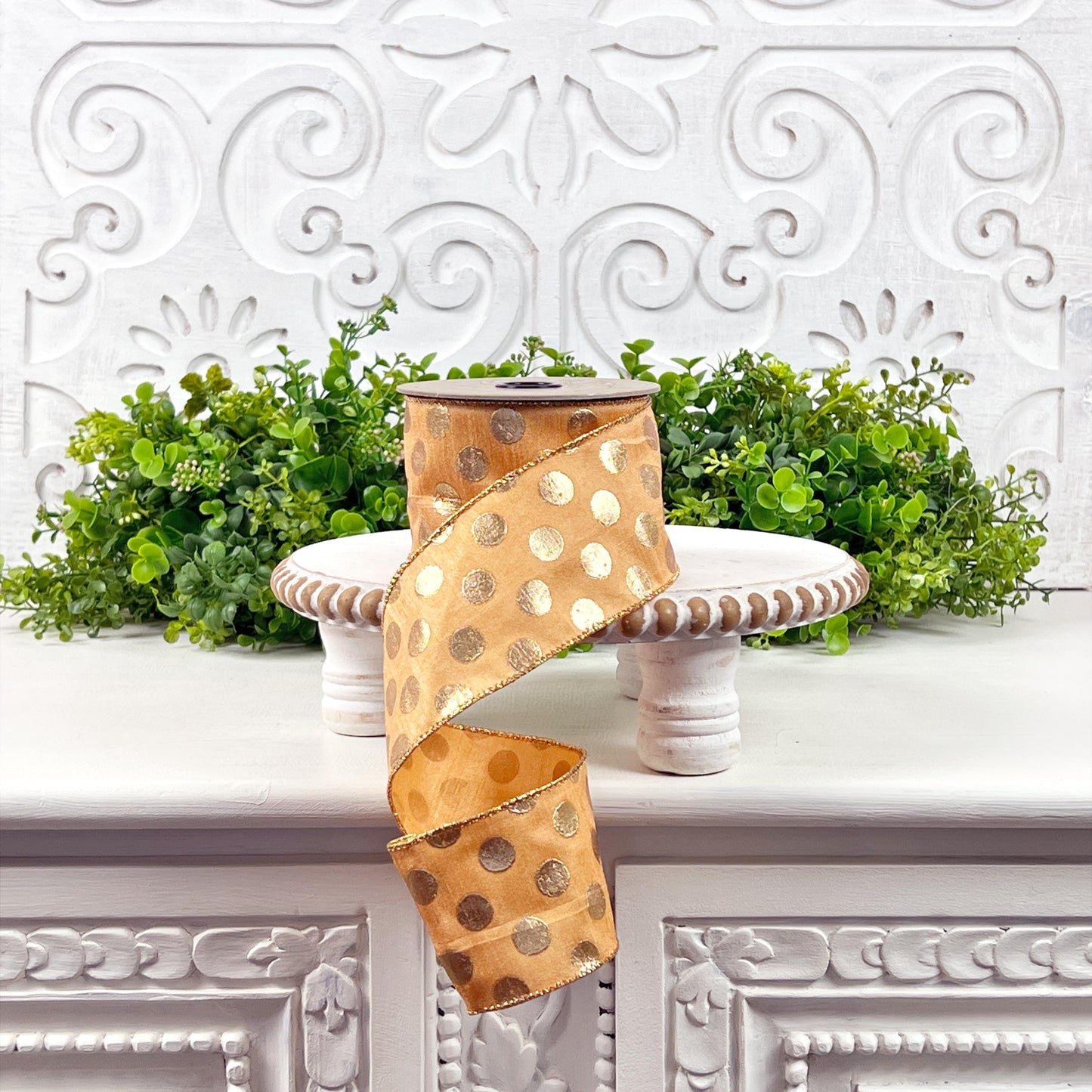 D. Stevens Gold Polka Dot Ribbon – Light Orange, Wired Metallic Spring & Summer Ribbon, Orange Polka Dot Ribbon, Easter Ribbon,