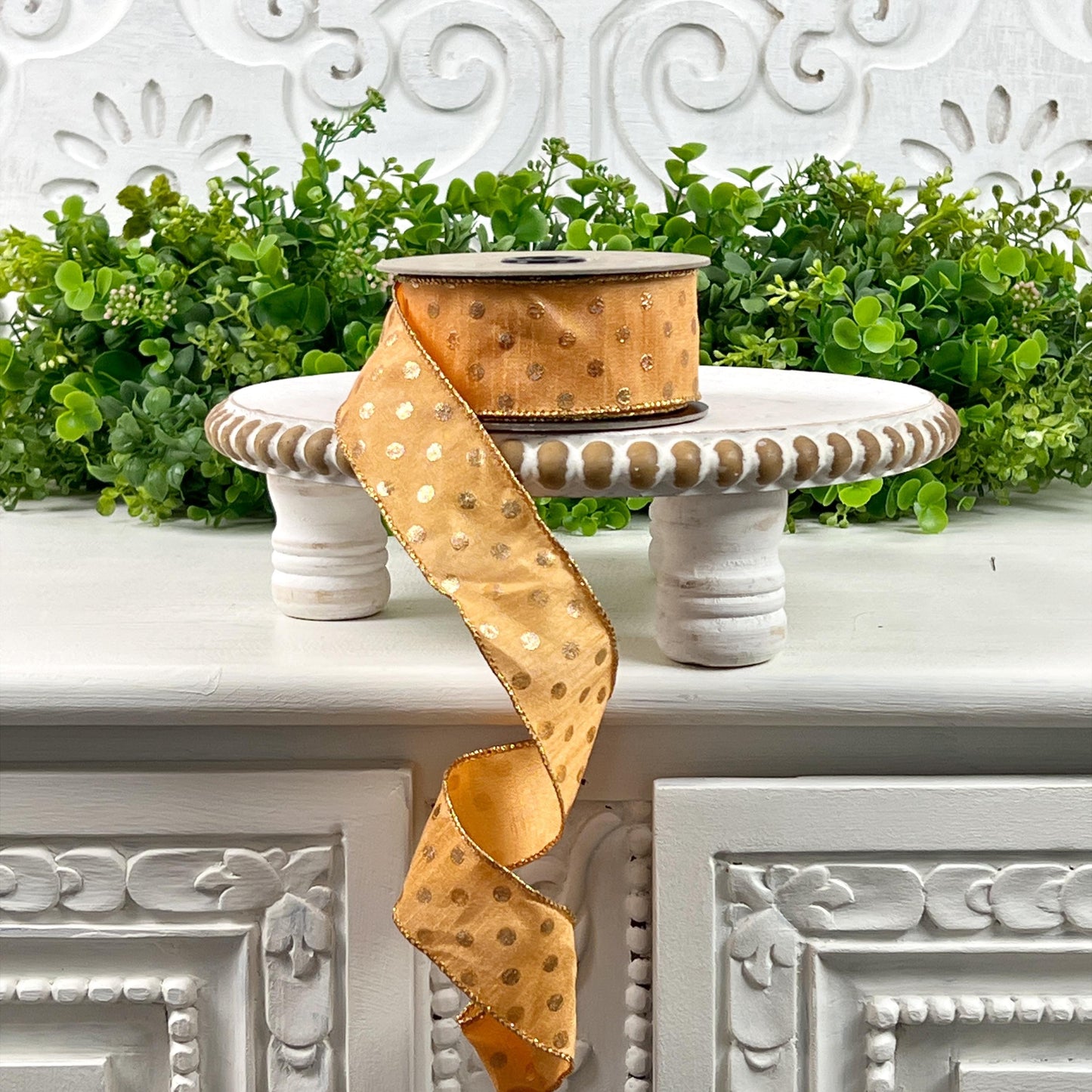 D. Stevens Gold Polka Dot Ribbon – Light Orange, Wired Metallic Spring & Summer Ribbon, Orange Polka Dot Ribbon, Easter Ribbon,