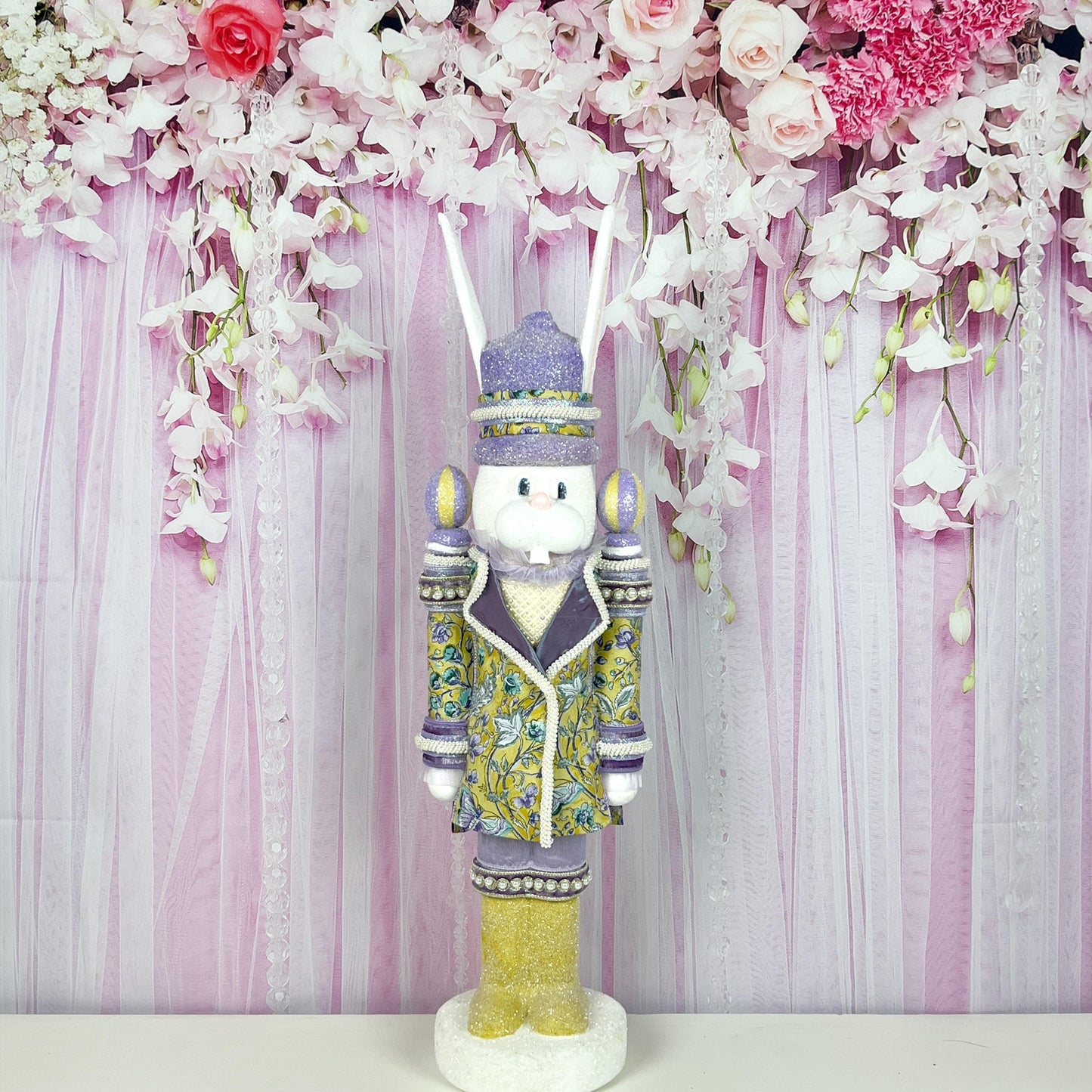 Luxury Nutcracker Bunny – Handcrafted Easter Decor with D. Stevens Ribbon & Pearl Accents, Yellow and Lavender Easter Decor, Easter Bunny