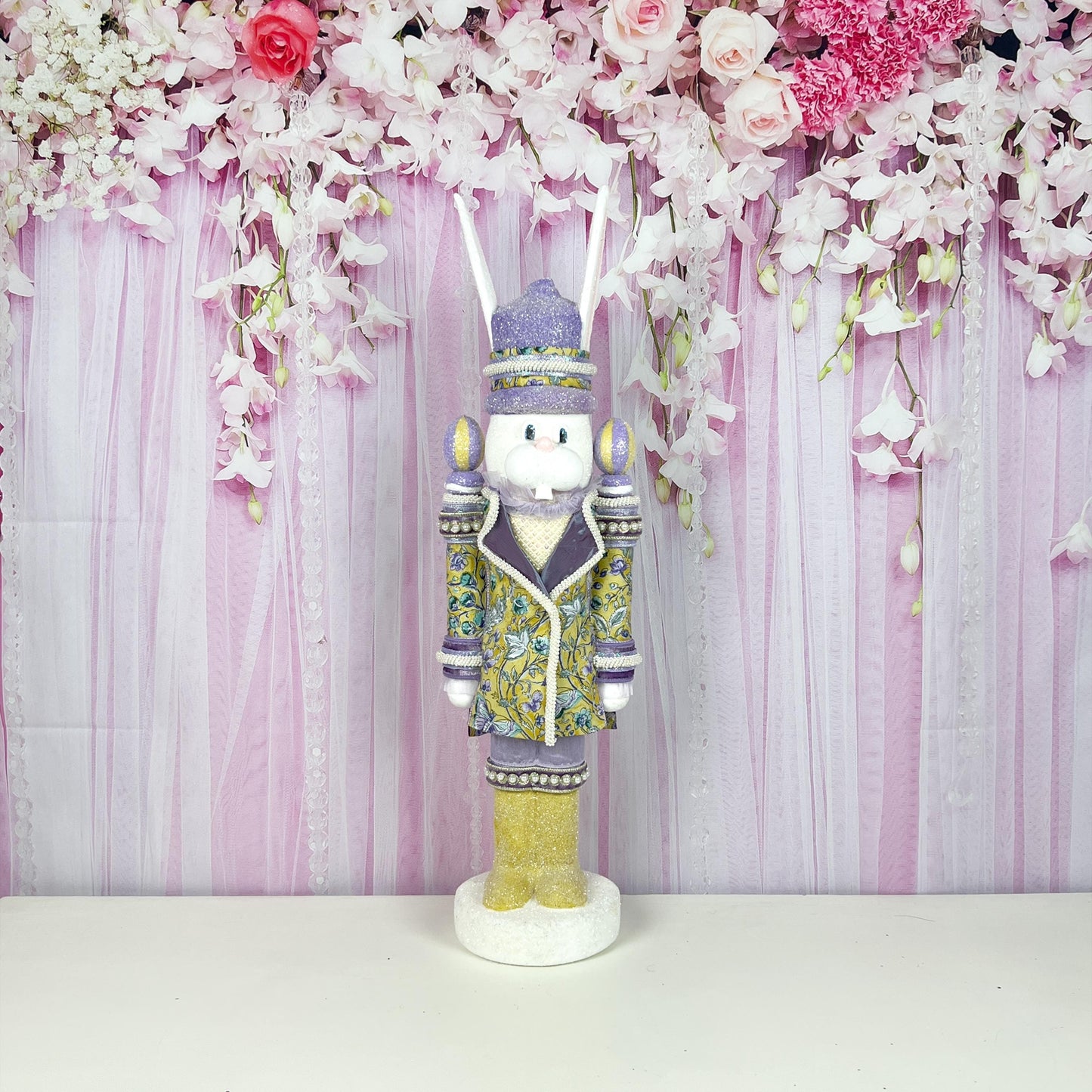 Luxury Nutcracker Bunny – Handcrafted Easter Decor with D. Stevens Ribbon & Pearl Accents, Yellow and Lavender Easter Decor, Easter Bunny
