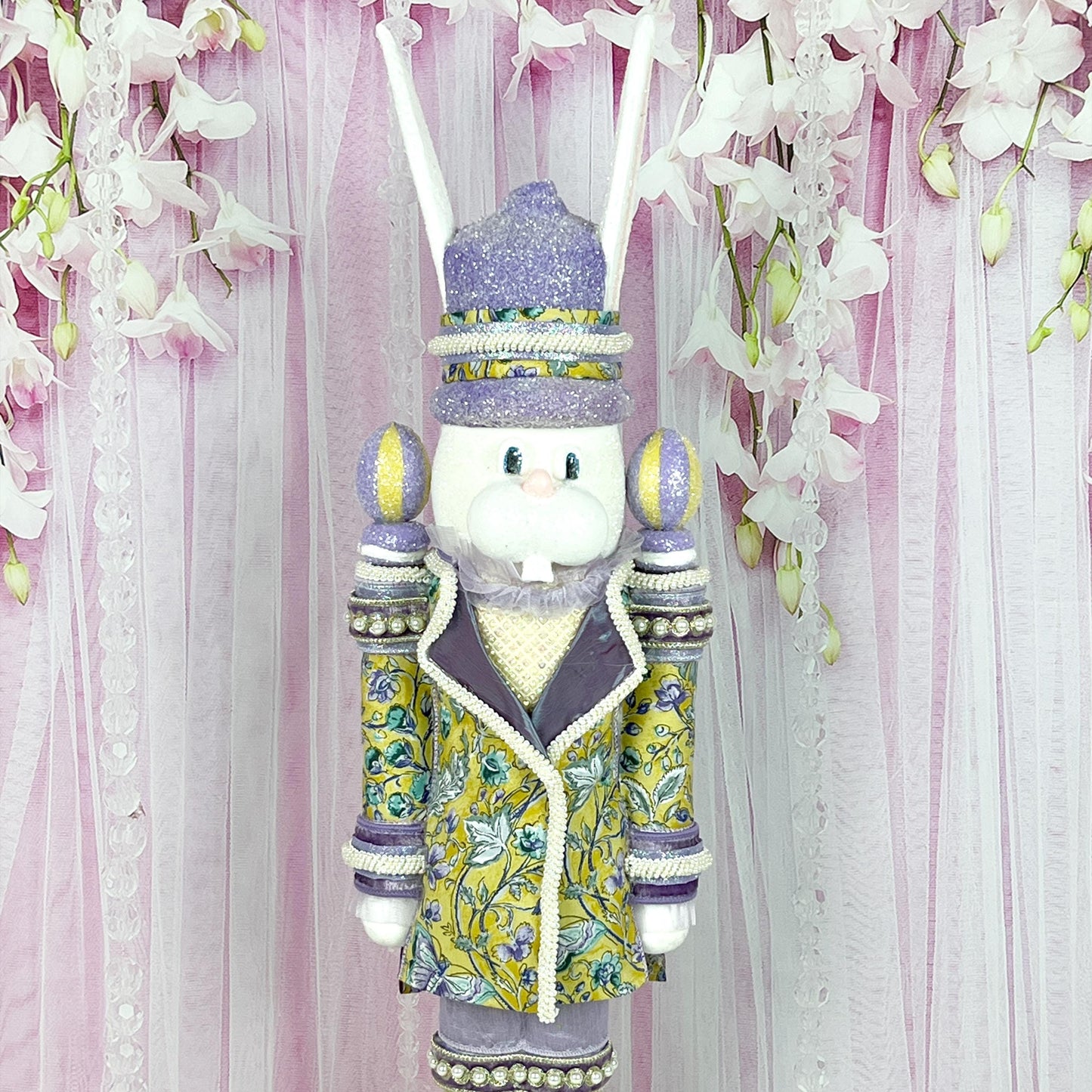 Luxury Nutcracker Bunny – Handcrafted Easter Decor with D. Stevens Ribbon & Pearl Accents, Yellow and Lavender Easter Decor, Easter Bunny